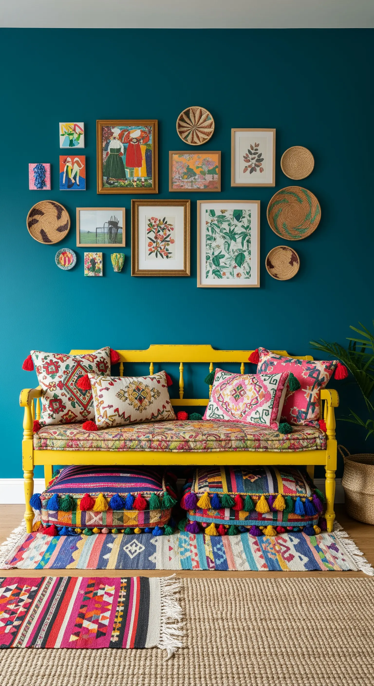 Ingresso coloratissimo con parete blu-verde, panca gialla e un'esplosione di cuscini e tappeti.
