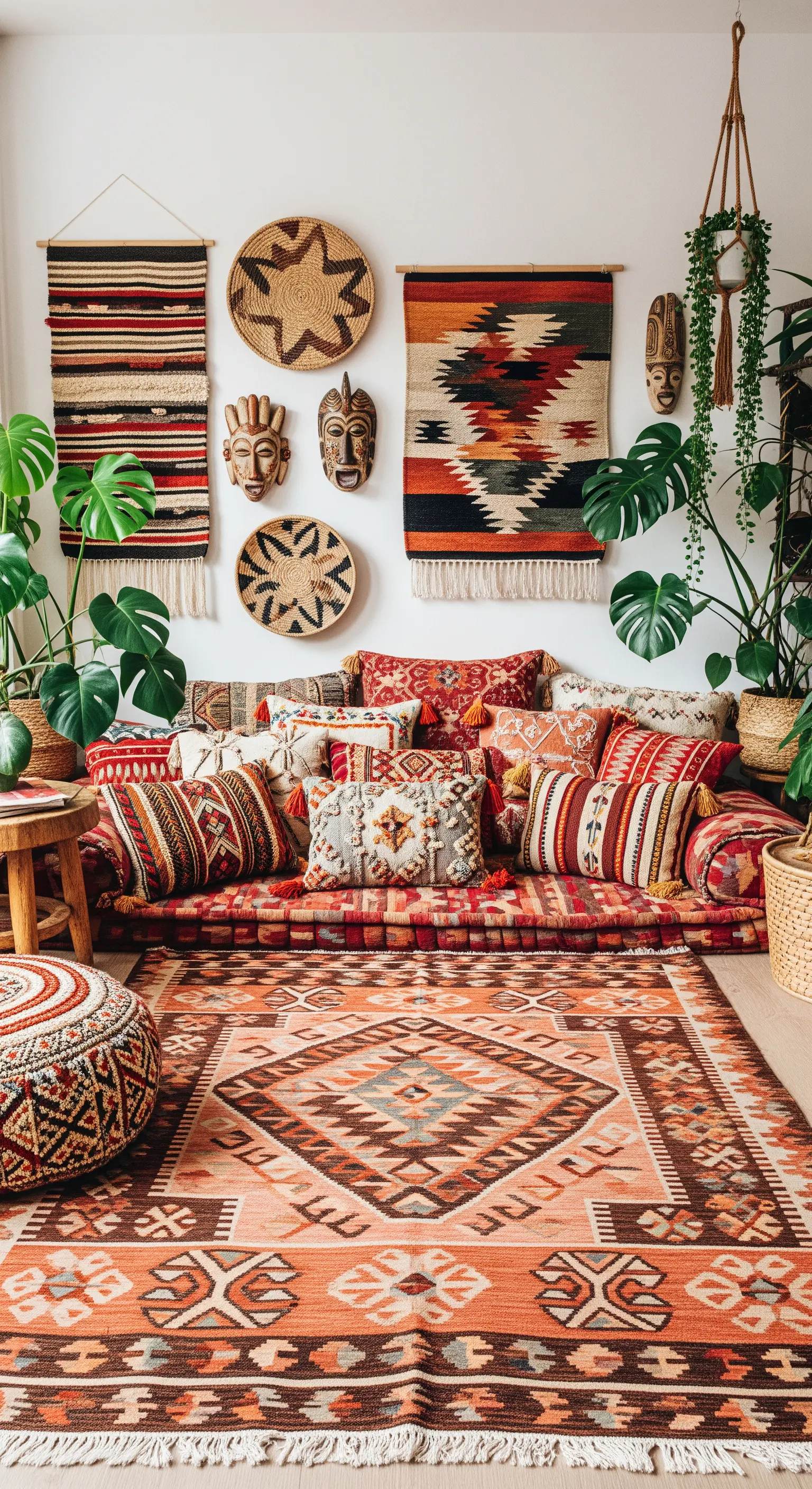 Salotto bohémien con sedute a terra, cuscini etnici e arazzi colorati alla parete