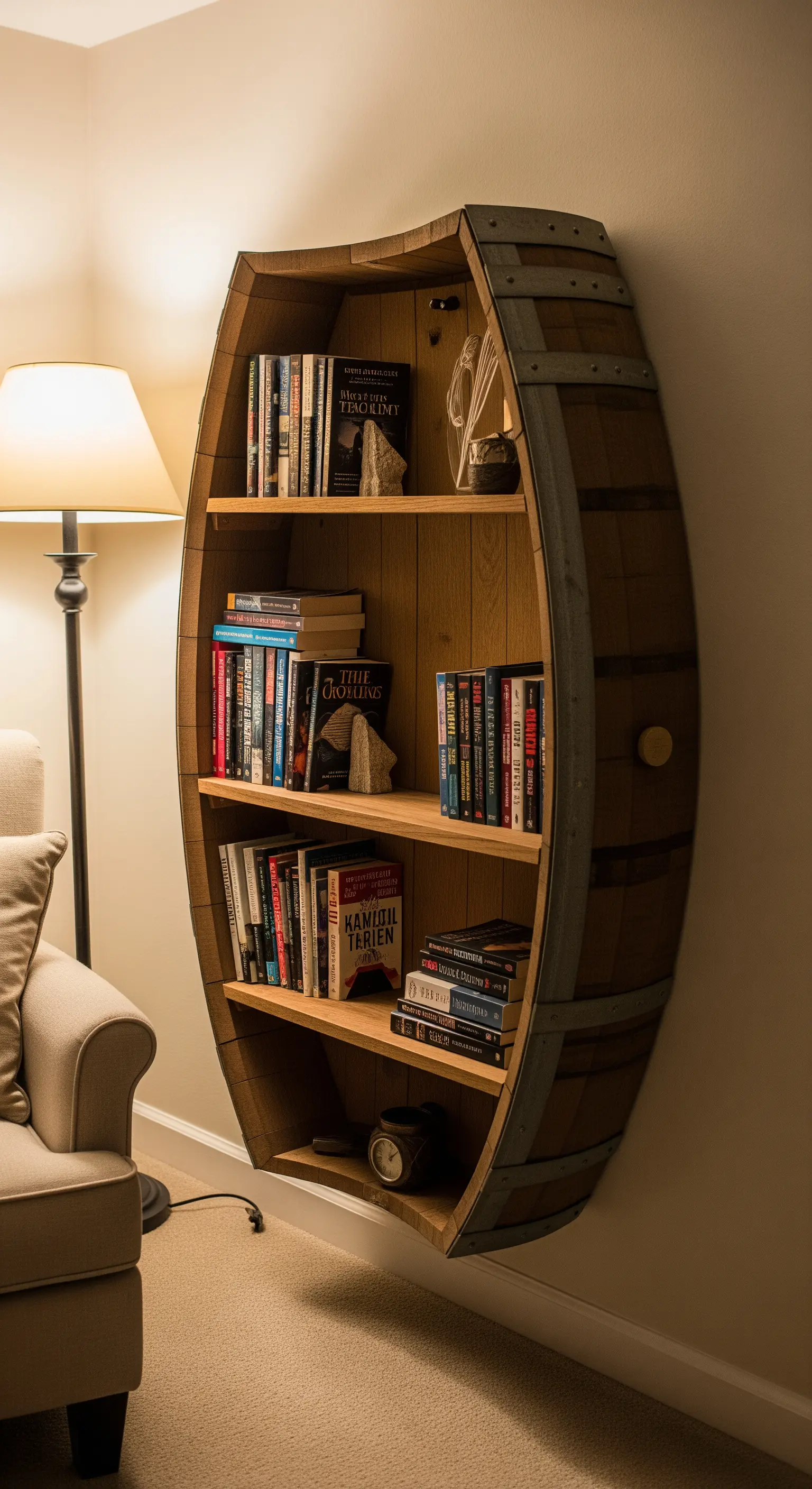 Mezza botte di vino montata a parete e utilizzata come libreria in un angolo lettura.