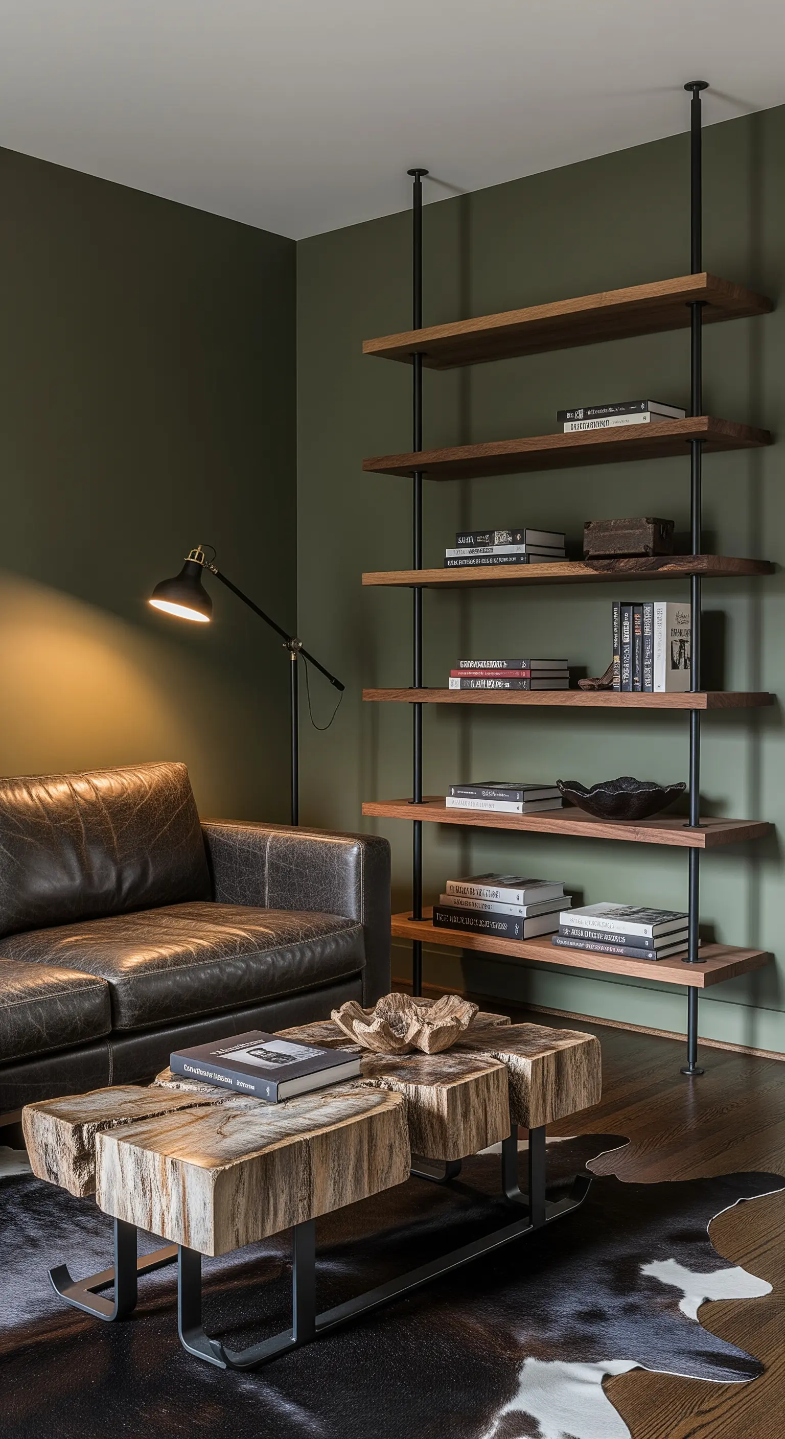 Angolo lettura con libreria sospesa con montanti in metallo nero e ripiani in legno.