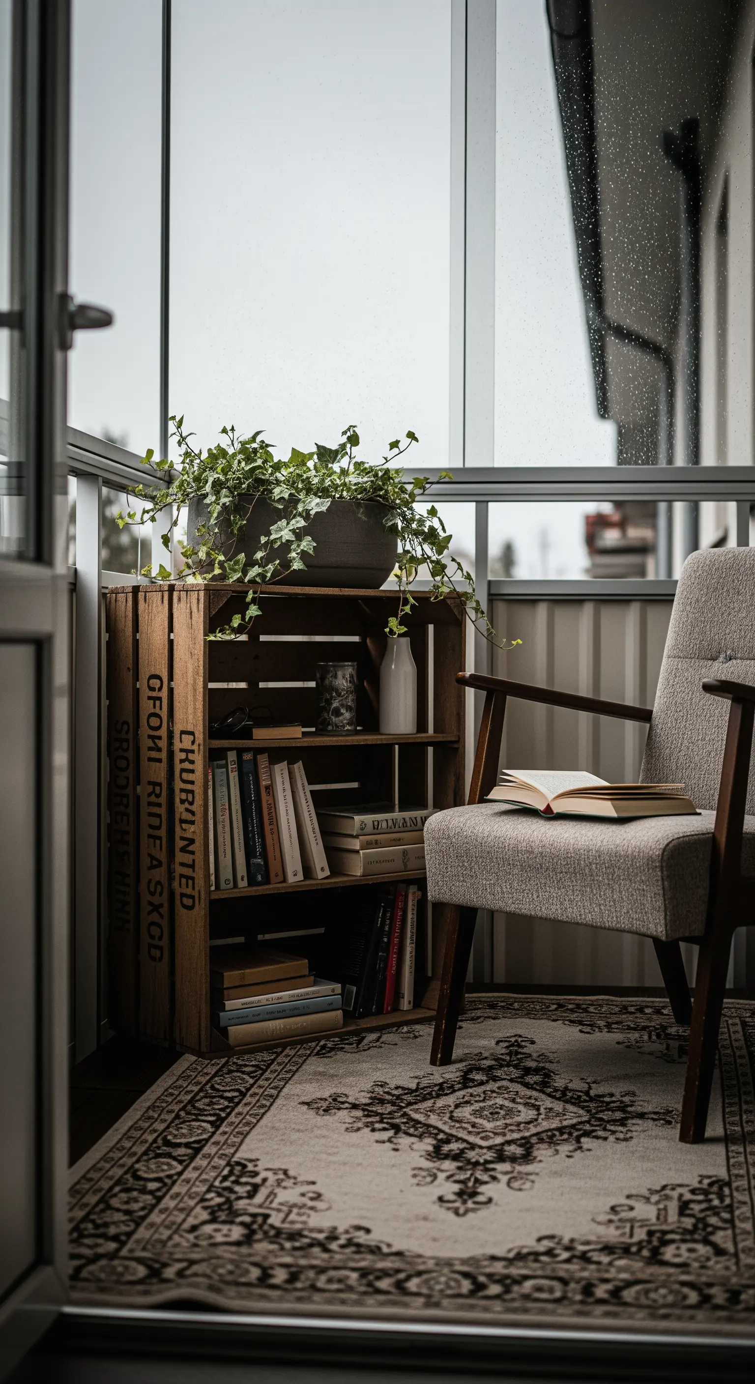 Cassetta di legno usata come libreria accanto a una poltrona in un angolo lettura sul balcone.