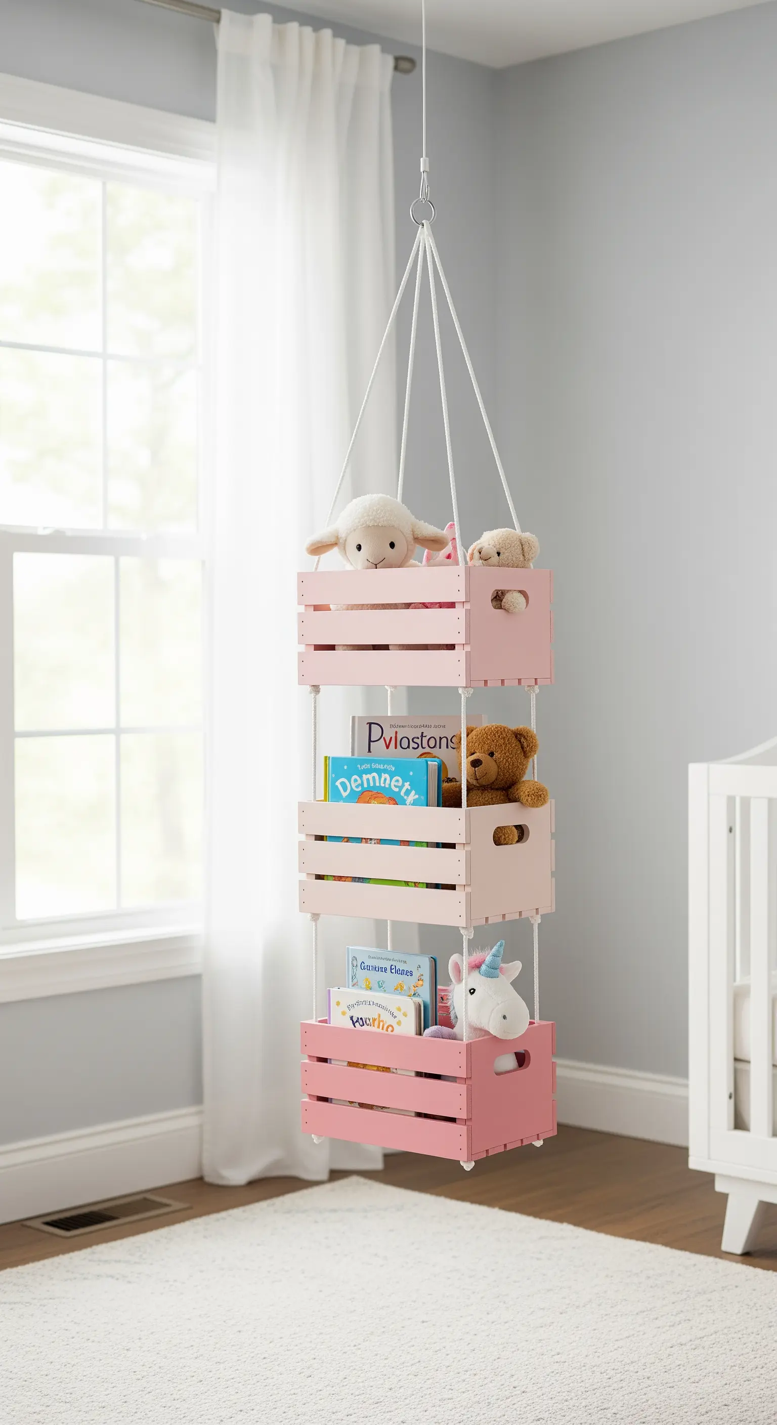 Tre cassette di legno rosa impilate verticalmente e appese, piene di libri e peluche.