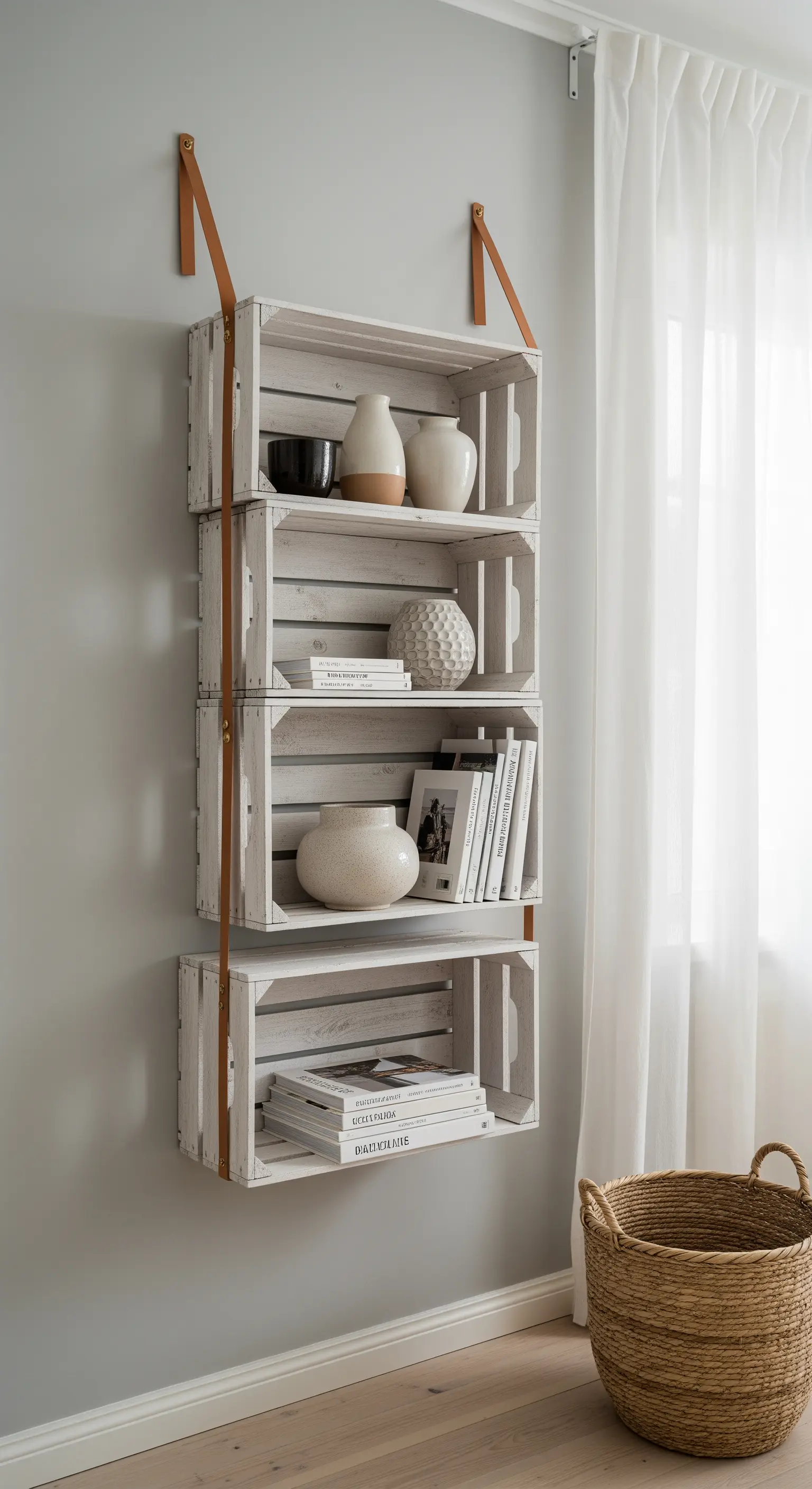 Scaffale verticale a quattro scomparti realizzato con cassette bianche e cinghie di cuoio.