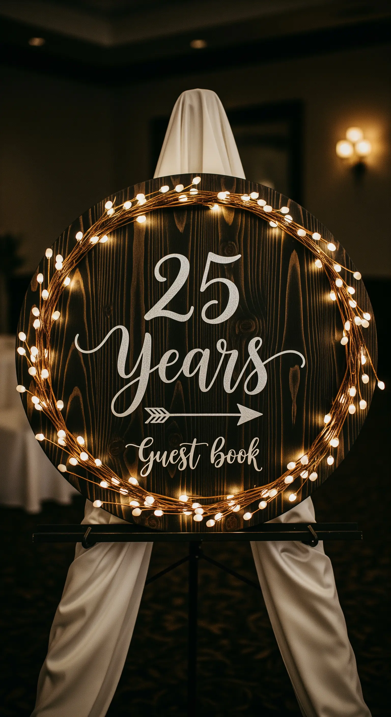 Cartello rotondo in legno scuro per guest book, incorniciato da lucine a batteria.