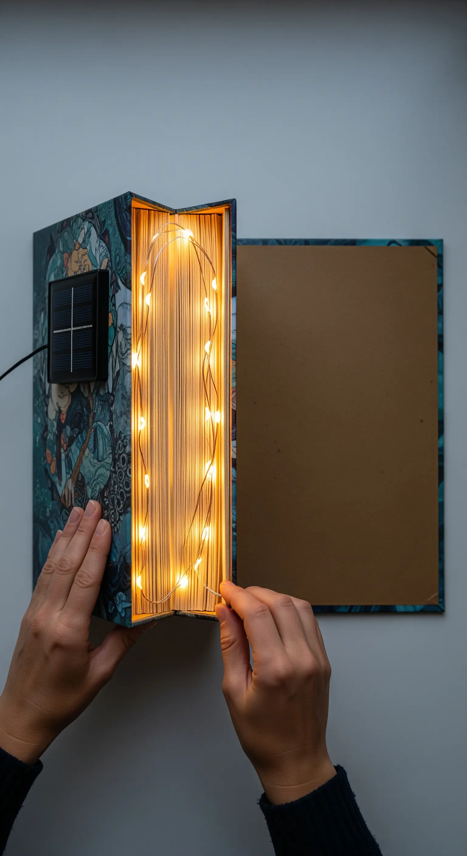 Un vecchio libro con le pagine intagliate per contenere un filo di luci LED solari.