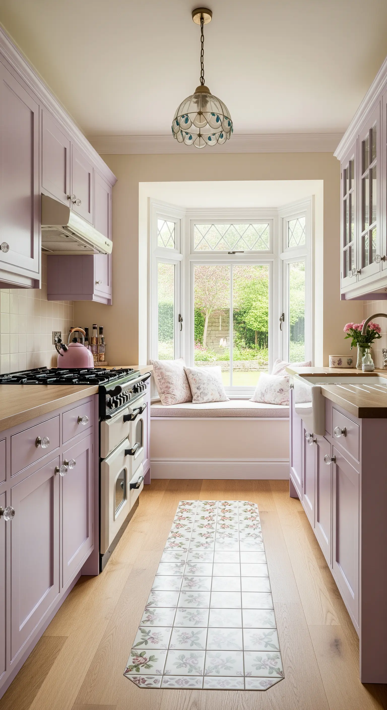 Cucina stretta color lilla con panca sotto la finestra e inserto di piastrelle.