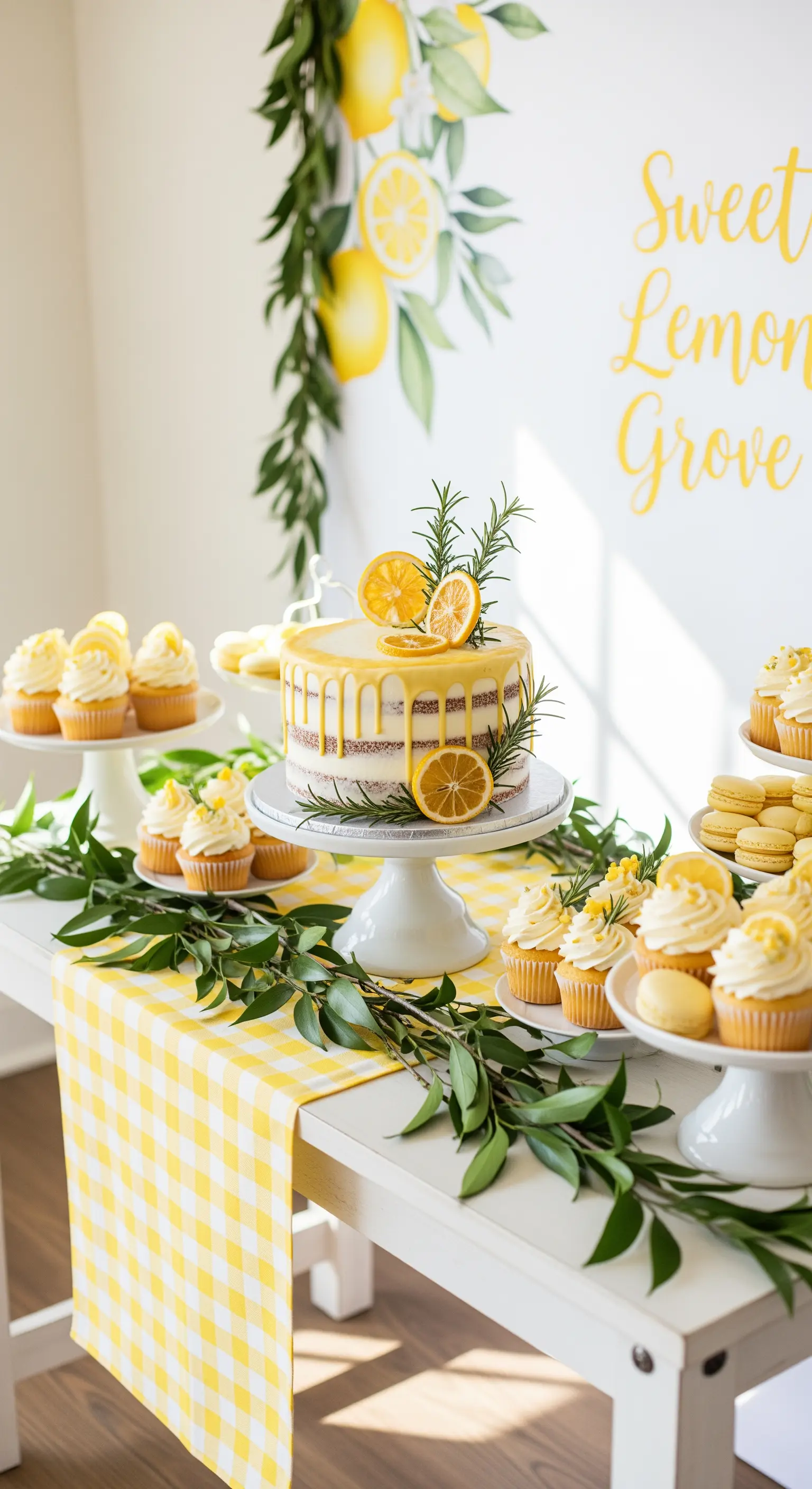 Sweet table a tema limoni con tovaglia a quadri gialli, drip cake e rami di eucalipto