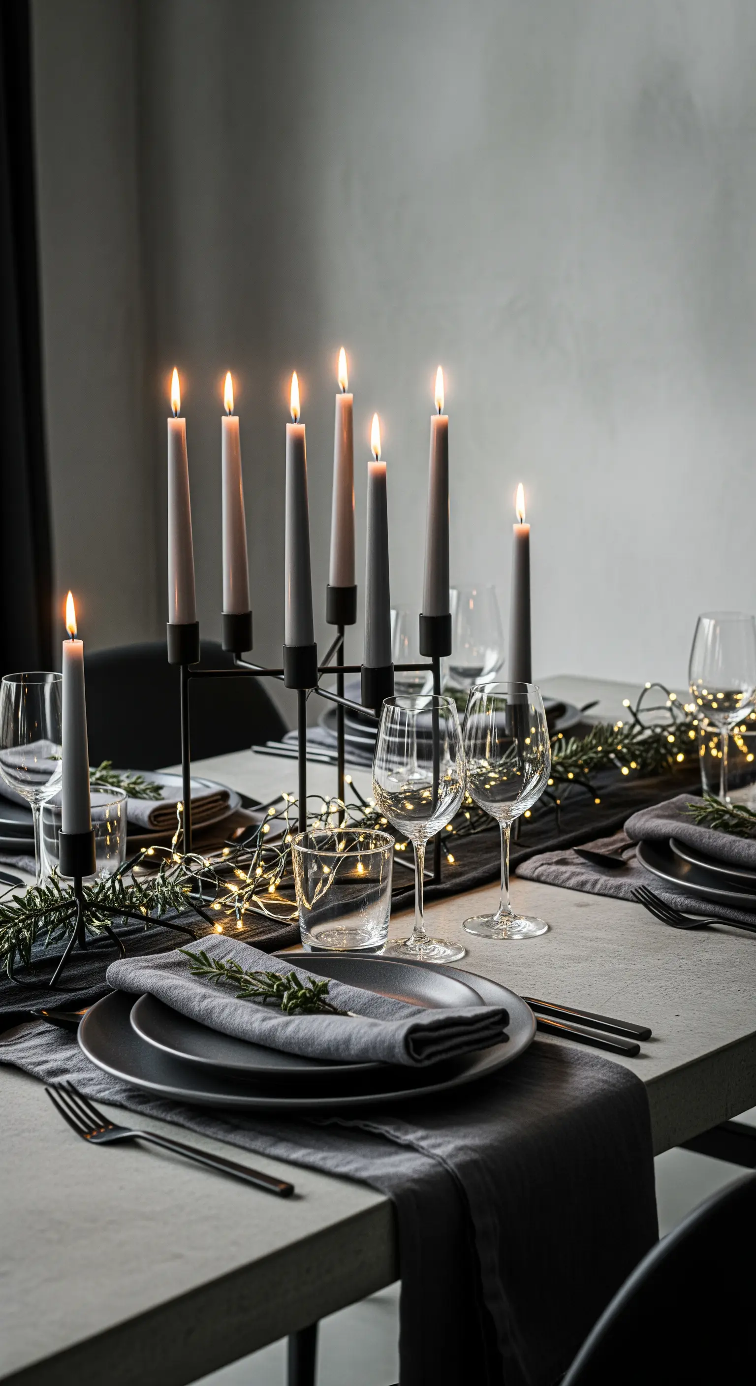 Tavola grigia con candelabro nero lineare, fairy lights e tocchi di rosmarino.