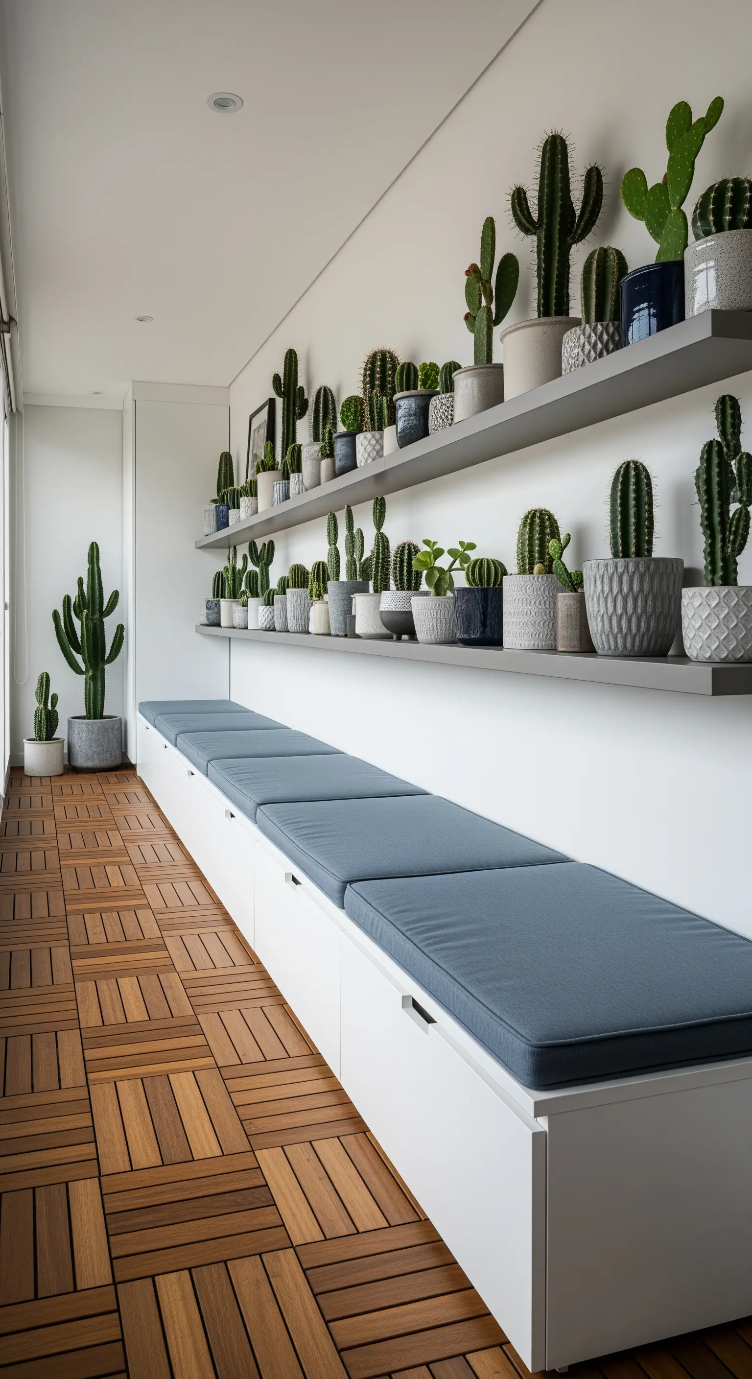 Balcone lungo e stretto con panca contenitore e mensole con una collezione di cactus artificiali.