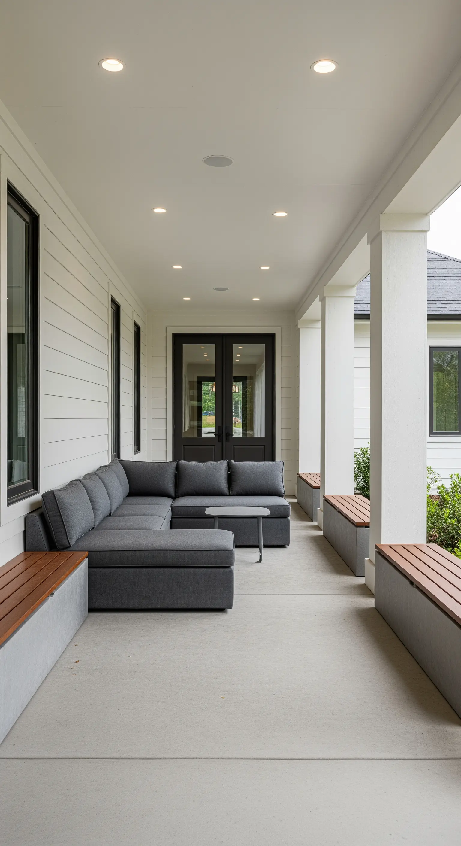 Lungo portico con divano a L grigio e panche integrate in legno e cemento