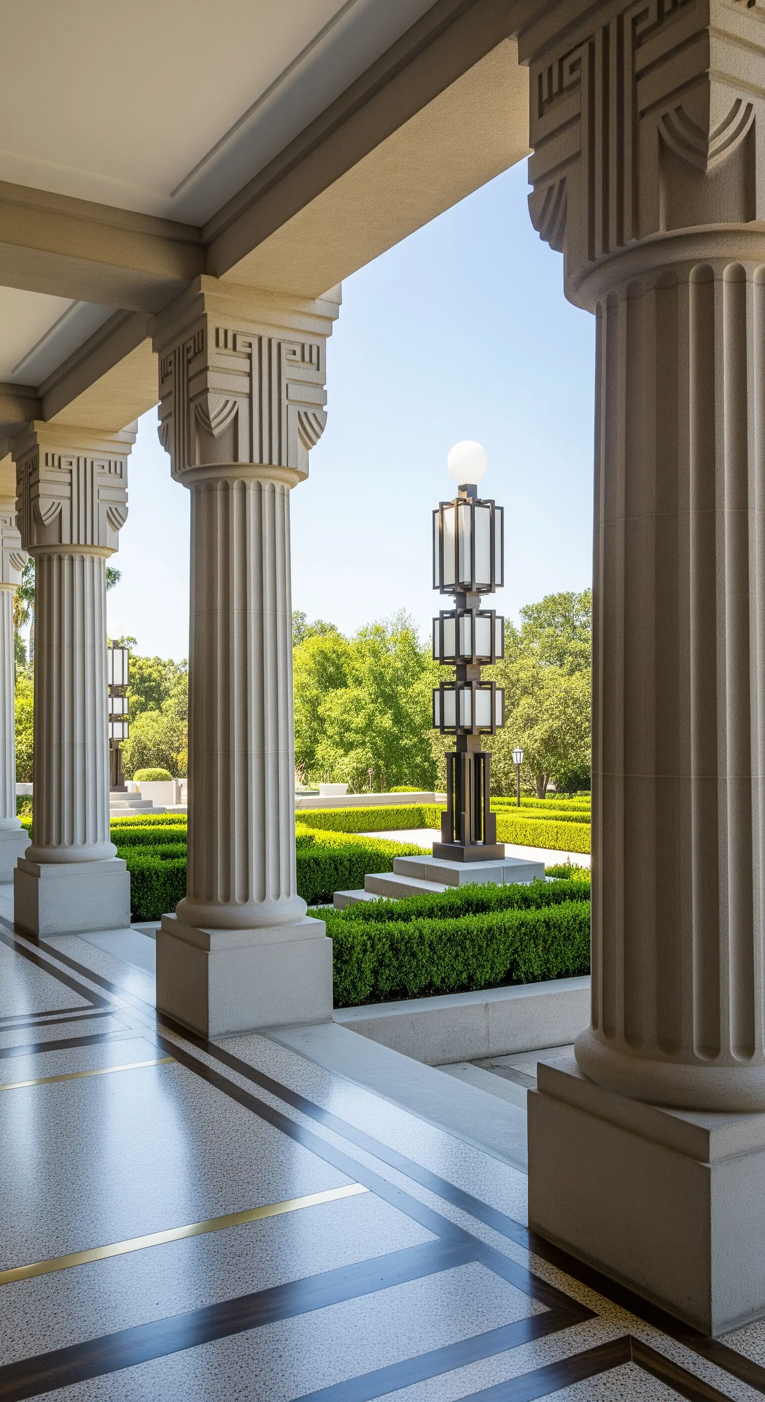 Portico in stile Art Déco con colonne geometriche e lampioni strutturati.