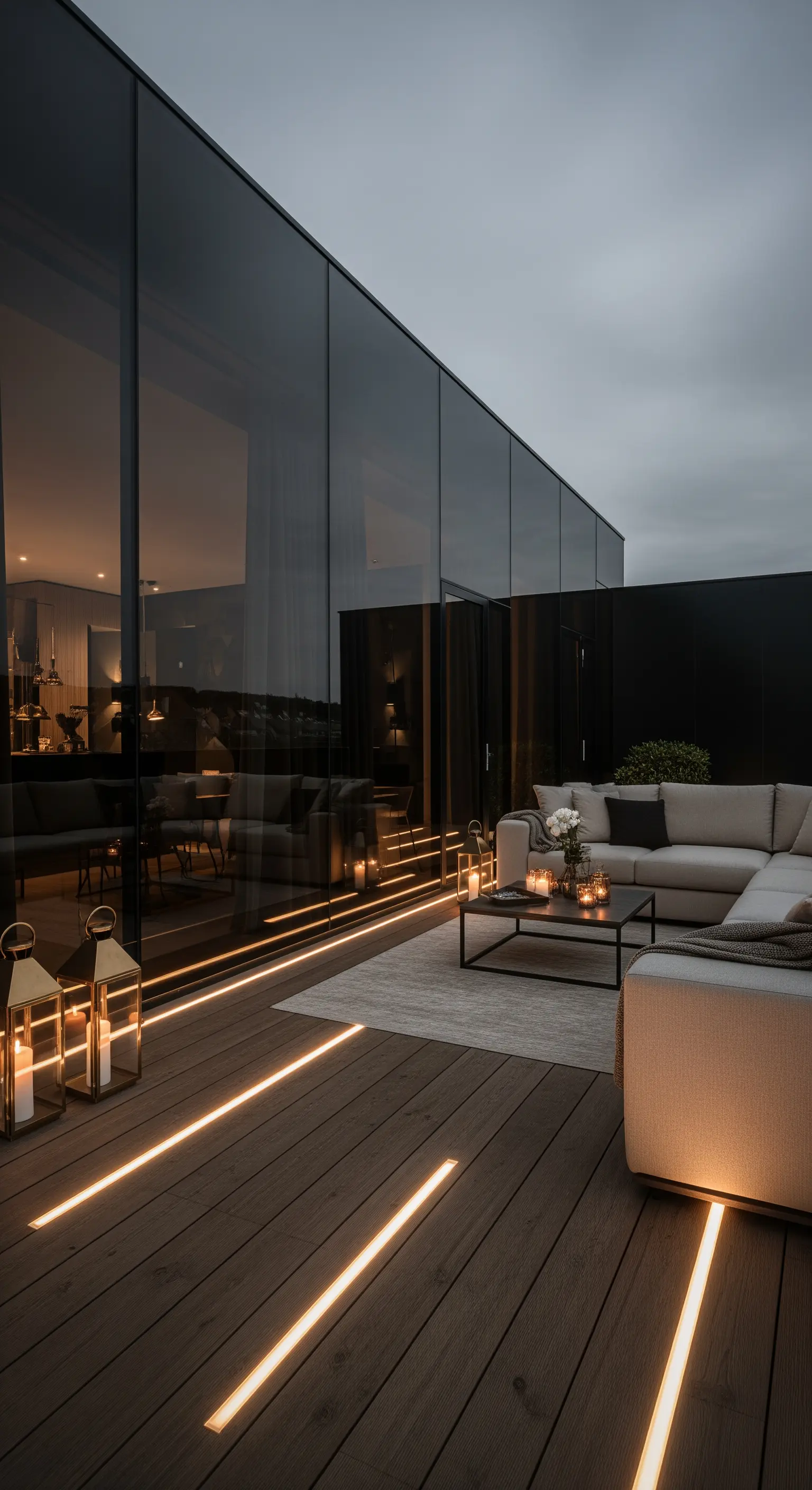 Terrazza moderna con strisce di luce LED integrate nel pavimento in legno e divano angolare.