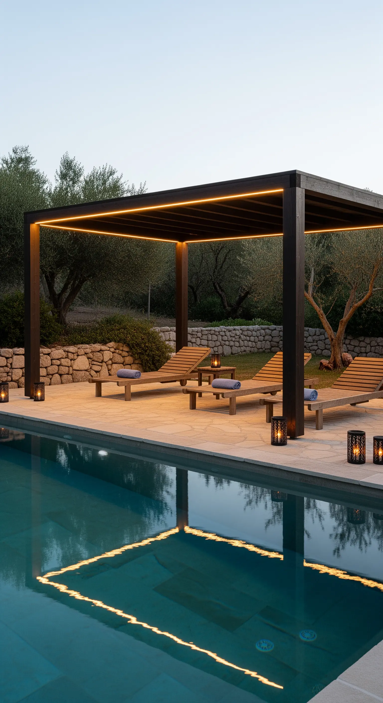 Pergola moderna a bordo piscina con strisce LED integrate nella struttura nera.