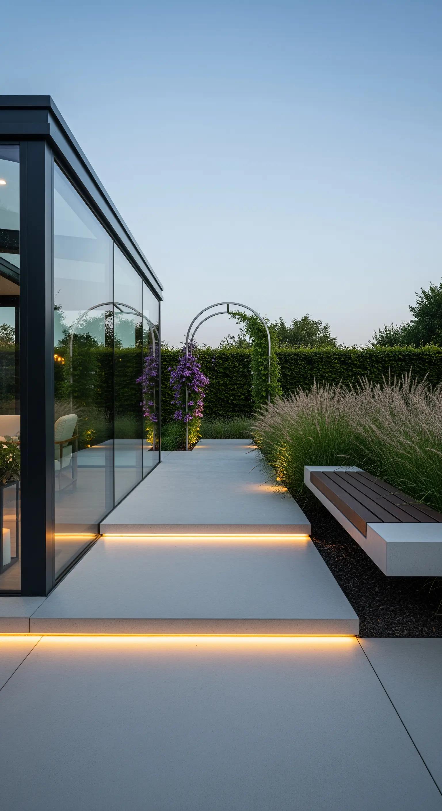 Giardino moderno con vialetto in cemento illuminato da strisce LED e panchina di design.