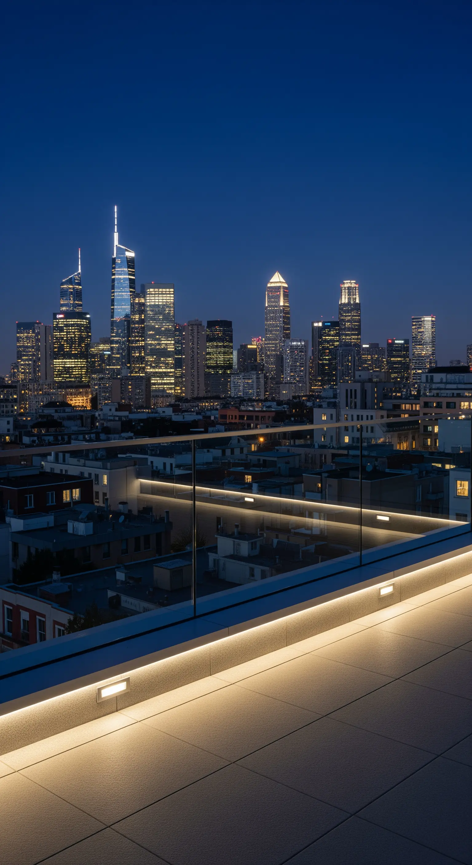 Terrazza moderna con strisce LED integrate lungo il parapetto in vetro.