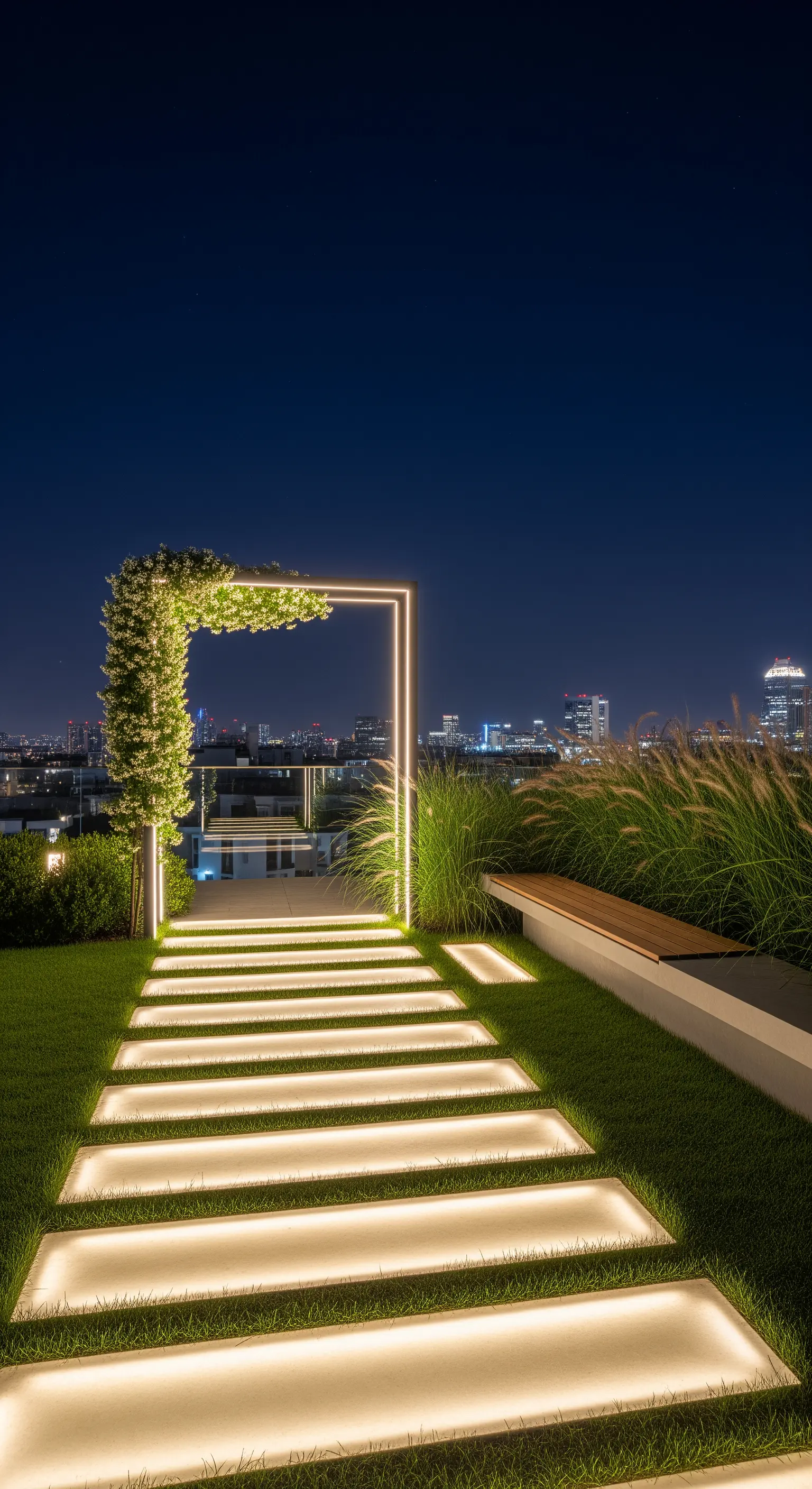 Rooftop garden con sentiero di lastre rettangolari illuminate da sotto e un arco luminoso moderno