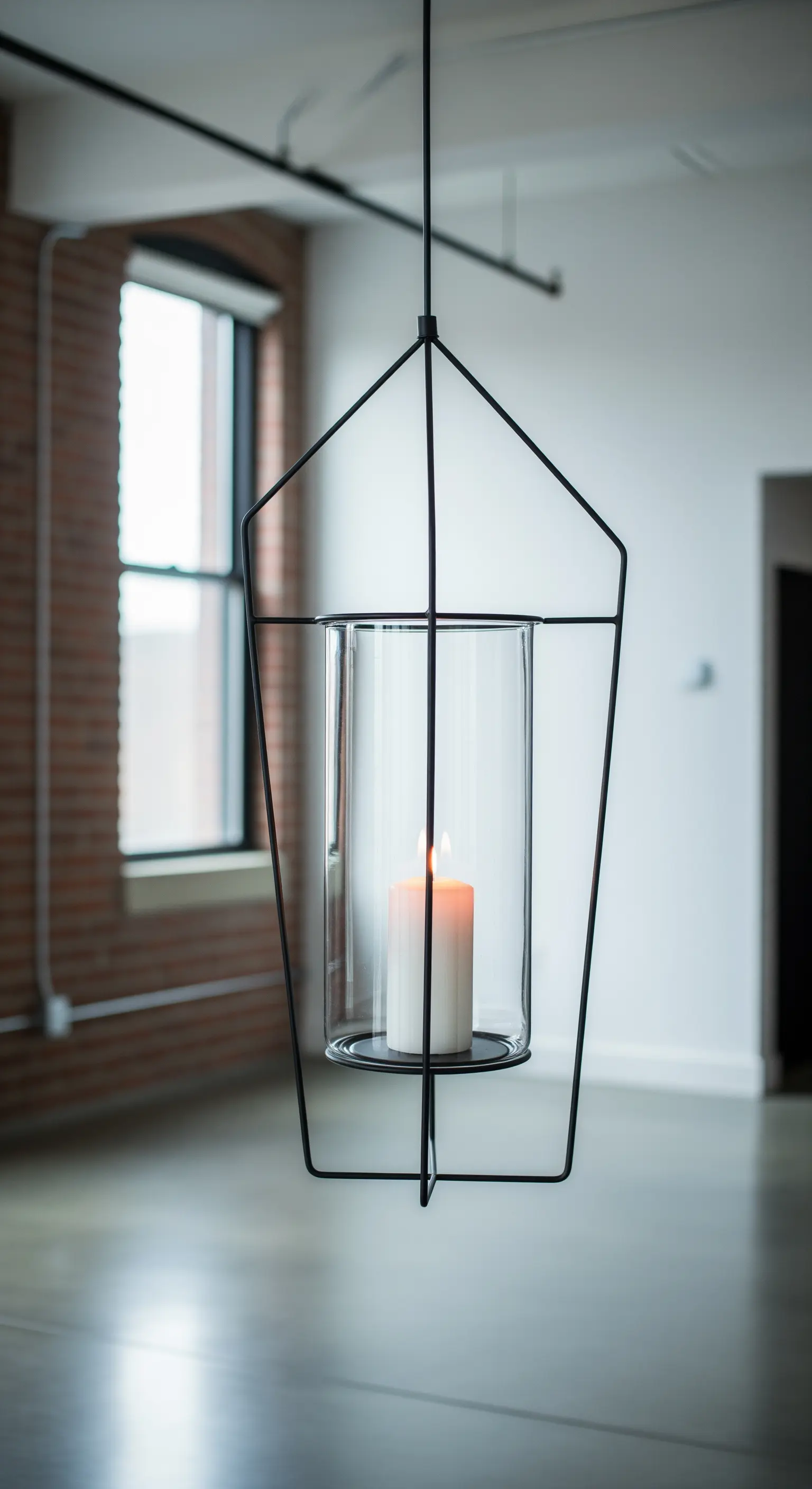 Struttura geometrica minimalista in filo metallico nero con portacandela in vetro.