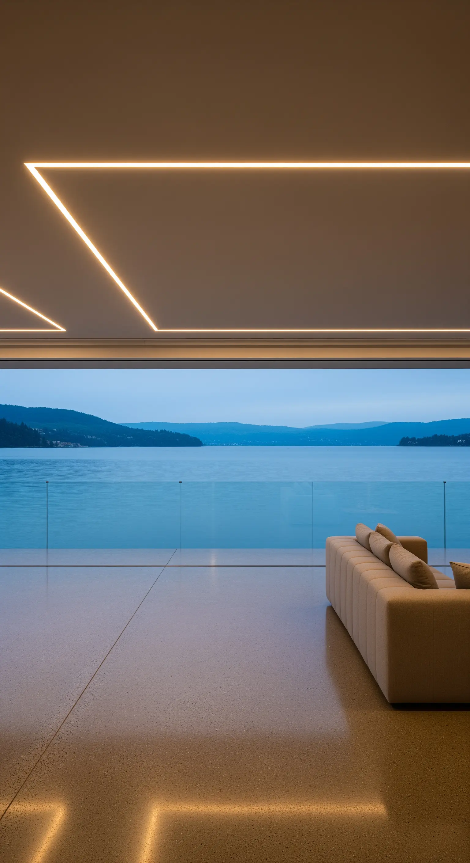 Portico con vista lago, pavimento in cemento e luci a LED lineari integrate a pavimento e soffitto