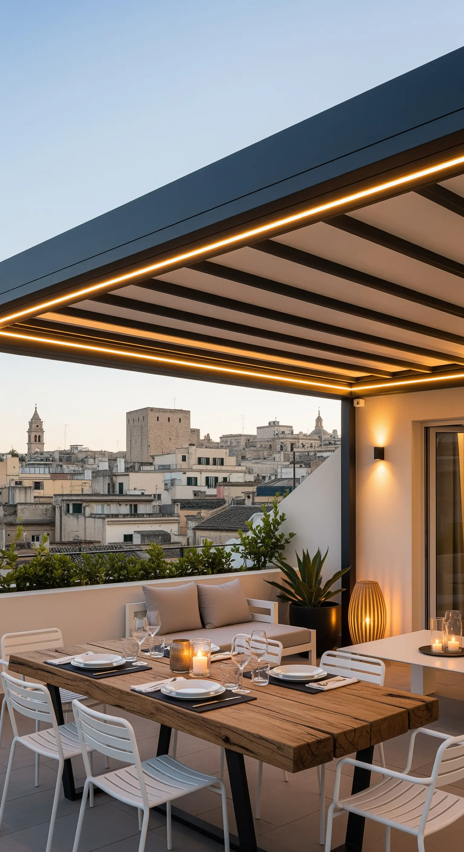 Terrazza moderna con tavolo in legno e pergola con illuminazione a LED integrata.