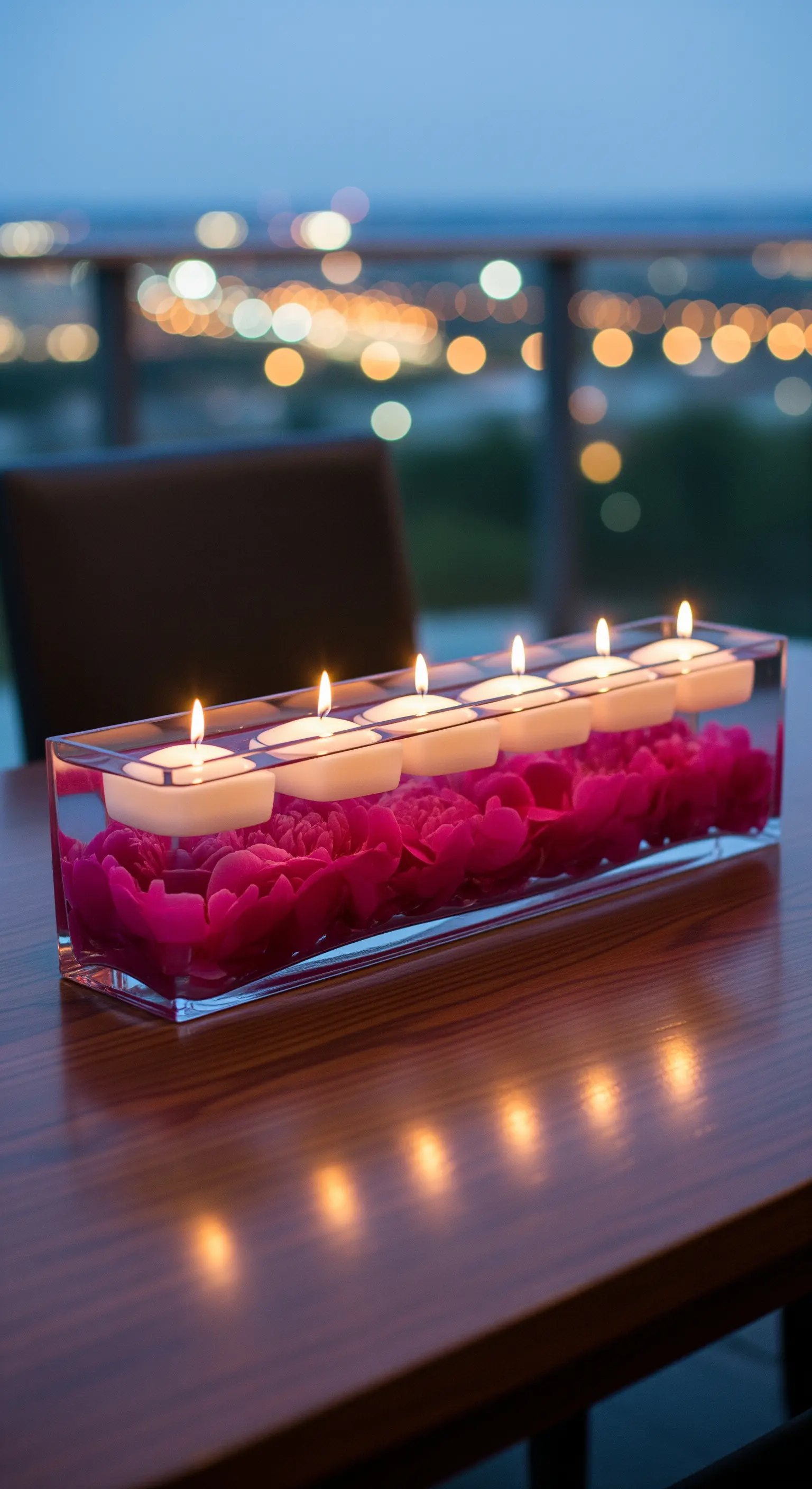 Vaso rettangolare in vetro con peonie magenta sommerse e una fila di candele galleggianti.