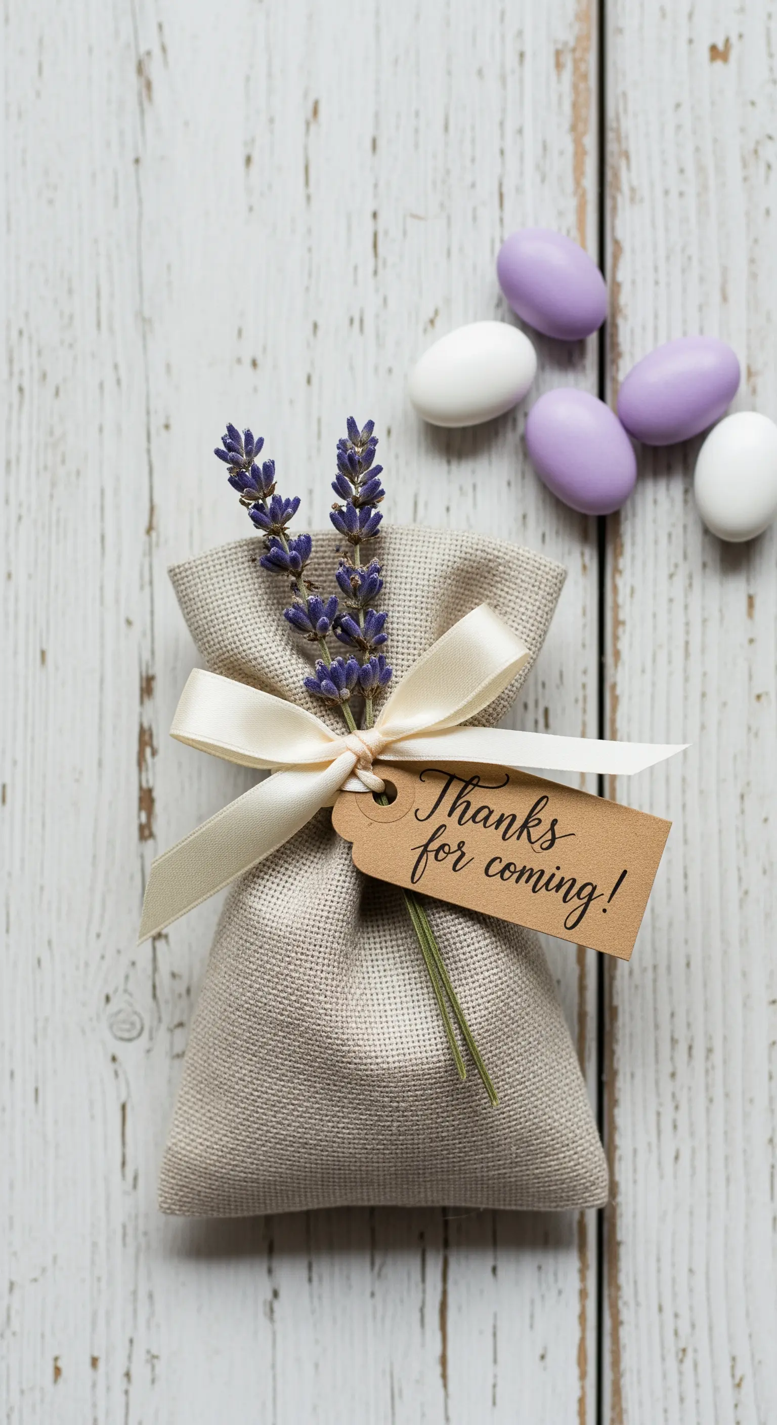 Sacchettino bomboniera in lino grezzo con rametto di lavanda, nastro color crema e confetti lilla.