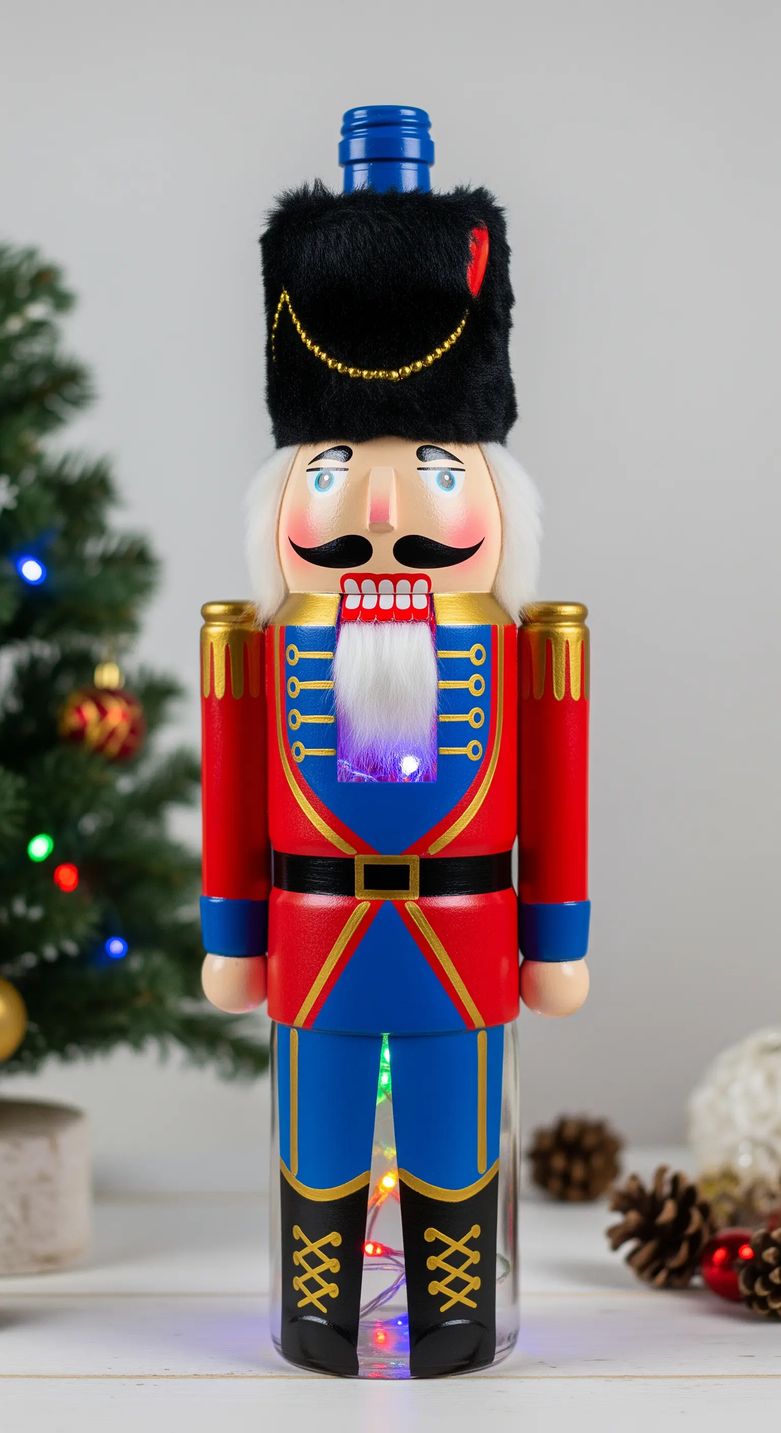 Decorazione a forma di schiaccianoci costruita attorno a una bottiglia di vetro illuminata.