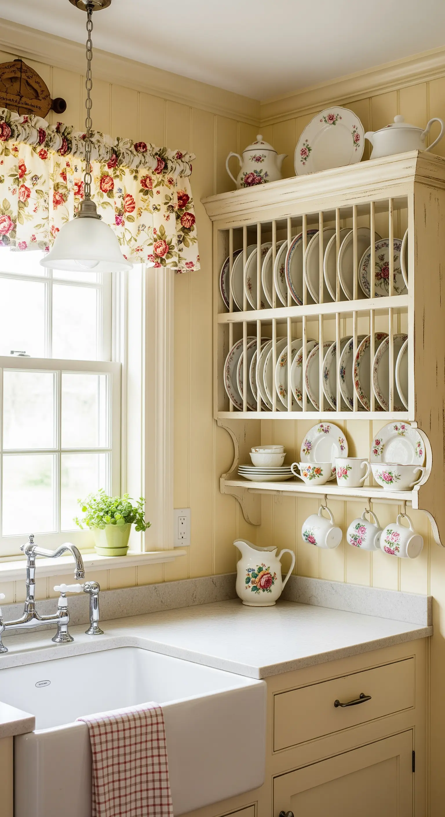 Scolapiatti a muro in legno verniciato crema con piatti a fiori.