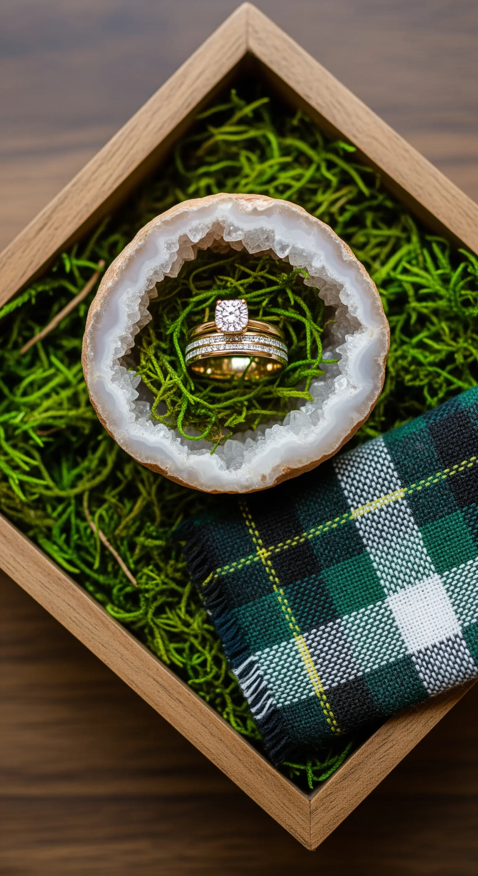 Fedi nuziali all'interno di un geode di cristallo, adagiato su un letto di muschio in una scatola di legno.