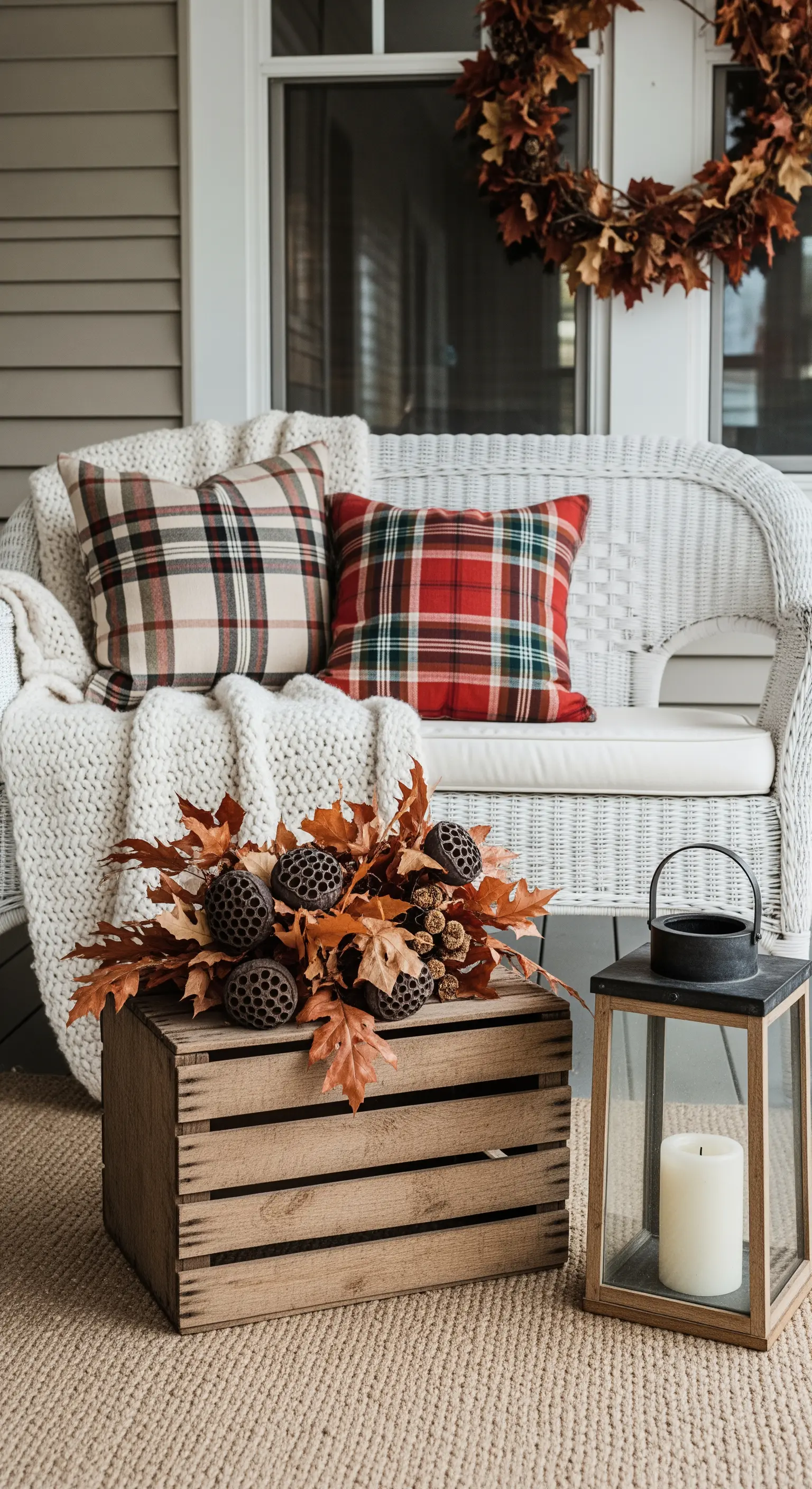 Divanetto in vimini bianco con cuscini scozzesi, coperta di lana e decorazioni autunnali.