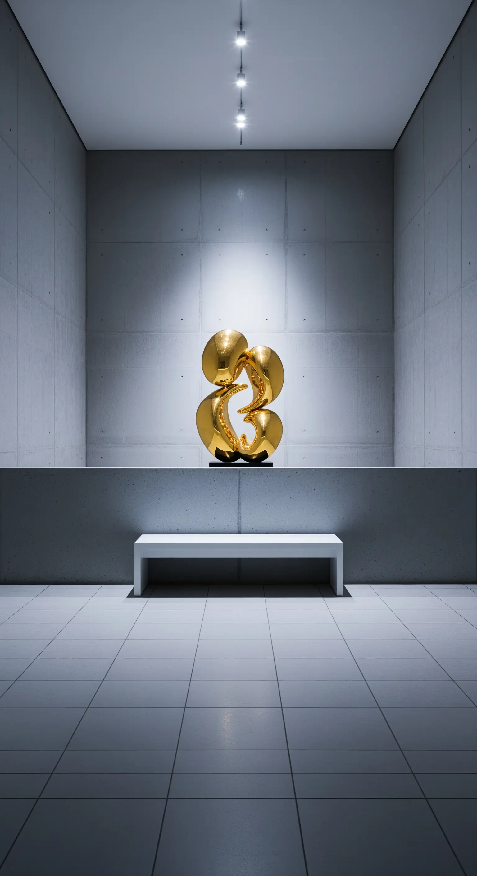 Spazio minimalista in cemento con una scultura dorata illuminata e una panca bianca essenziale.
