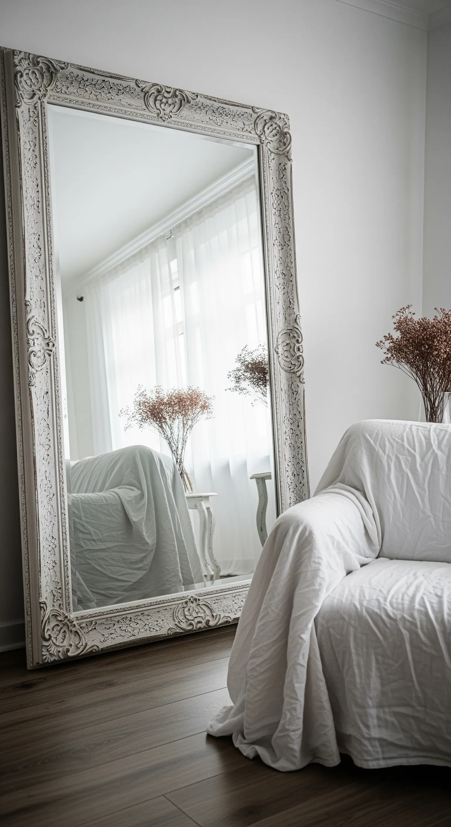Specchio oversize con cornice barocca bianca appoggiato al muro in un salotto minimal.
