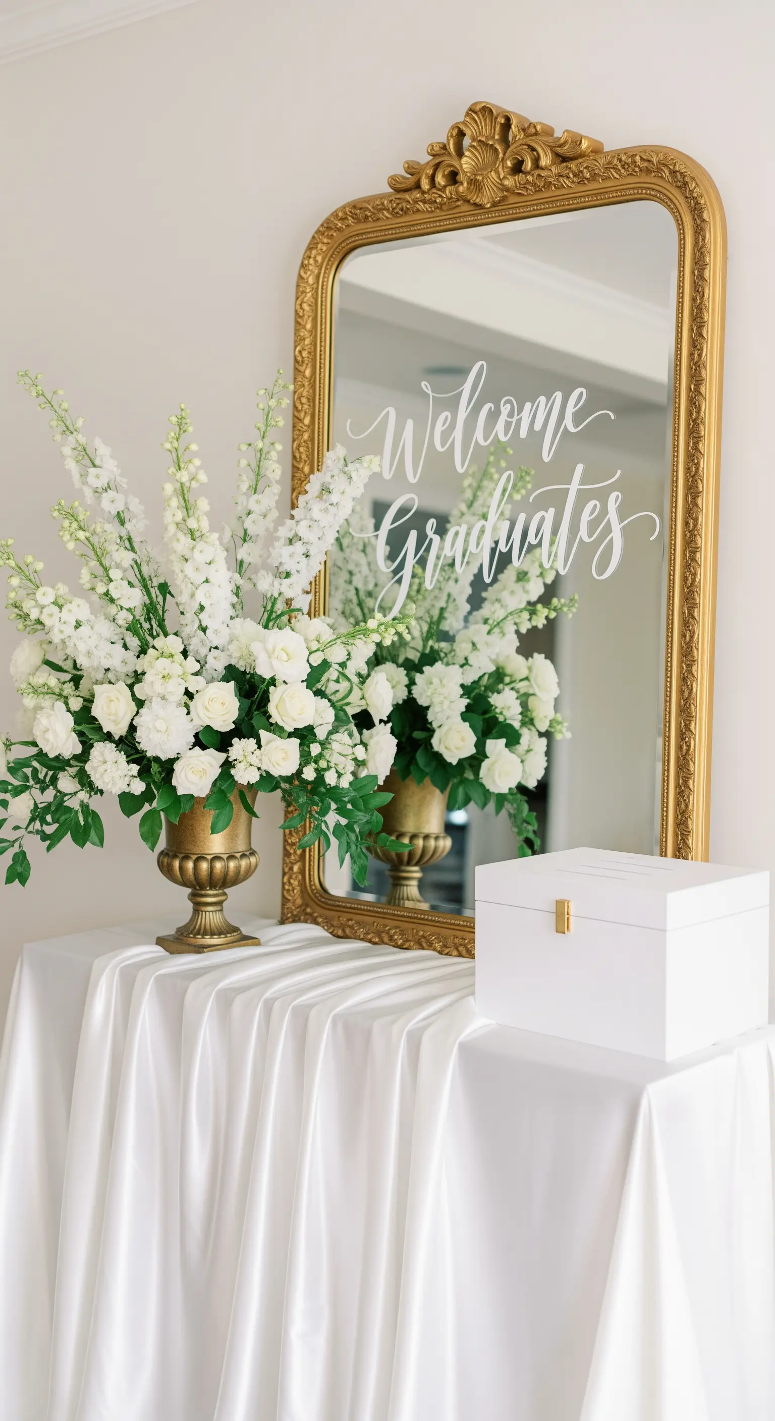 Specchio con cornice dorata e scritta di benvenuto, accanto a un vaso di fiori bianchi.