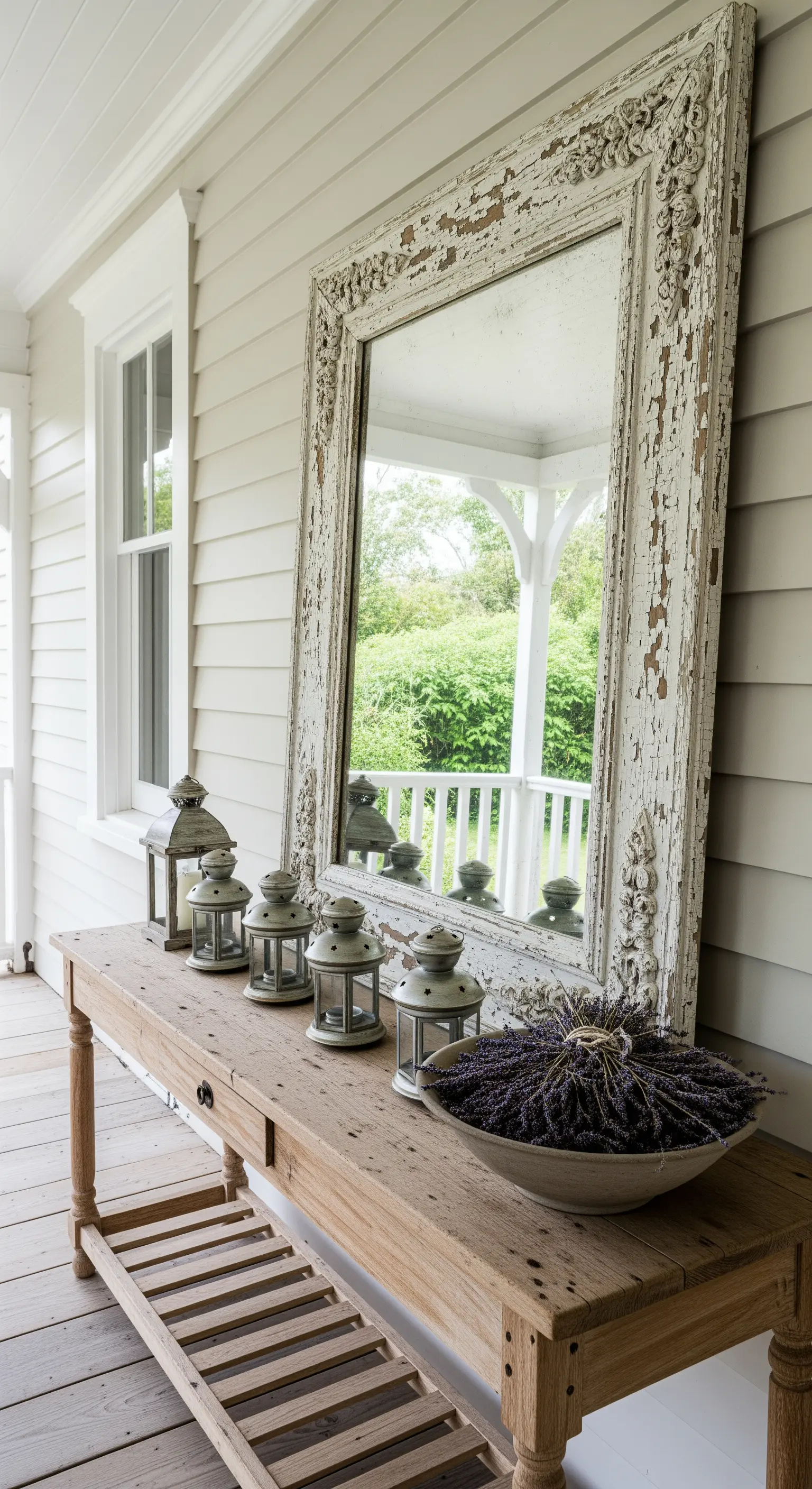 Grande specchio con cornice decapé appoggiato a un tavolo di legno su un portico.