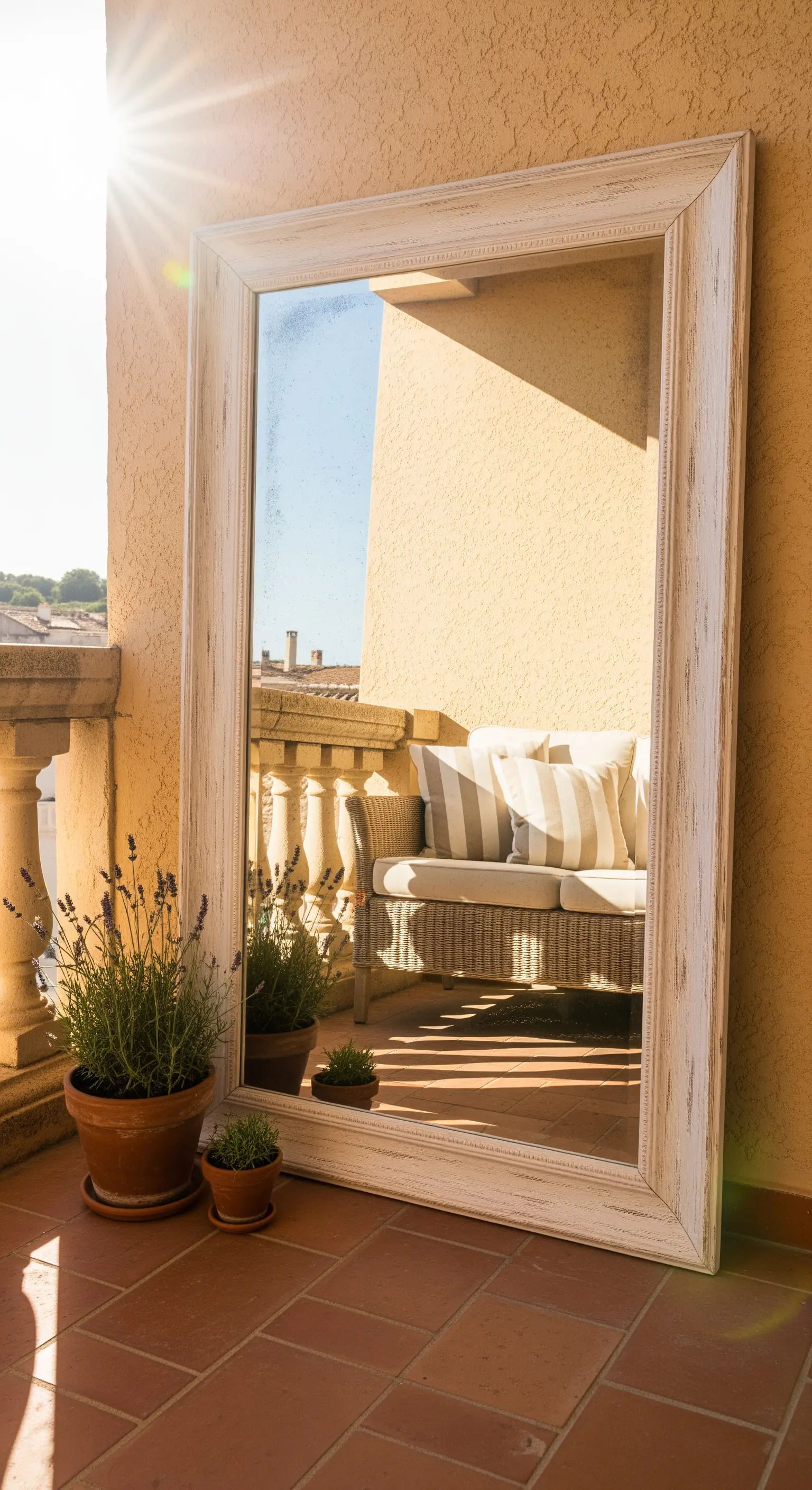 Grande specchio con cornice decapé appoggiato alla parete di un balcone, che riflette il cielo