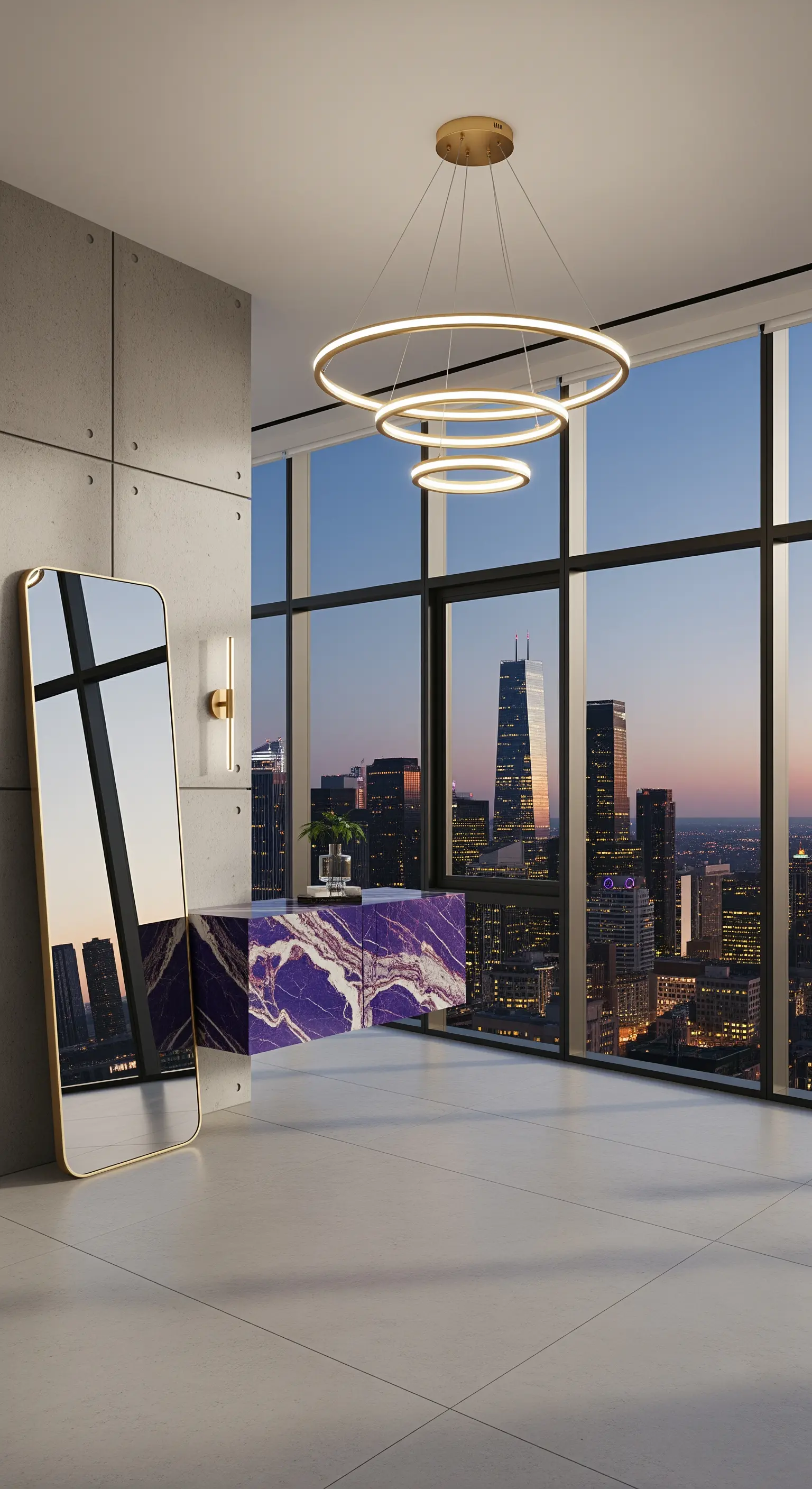 Ingresso moderno con specchio a terra dorato che riflette lo skyline e consolle in marmo viola.