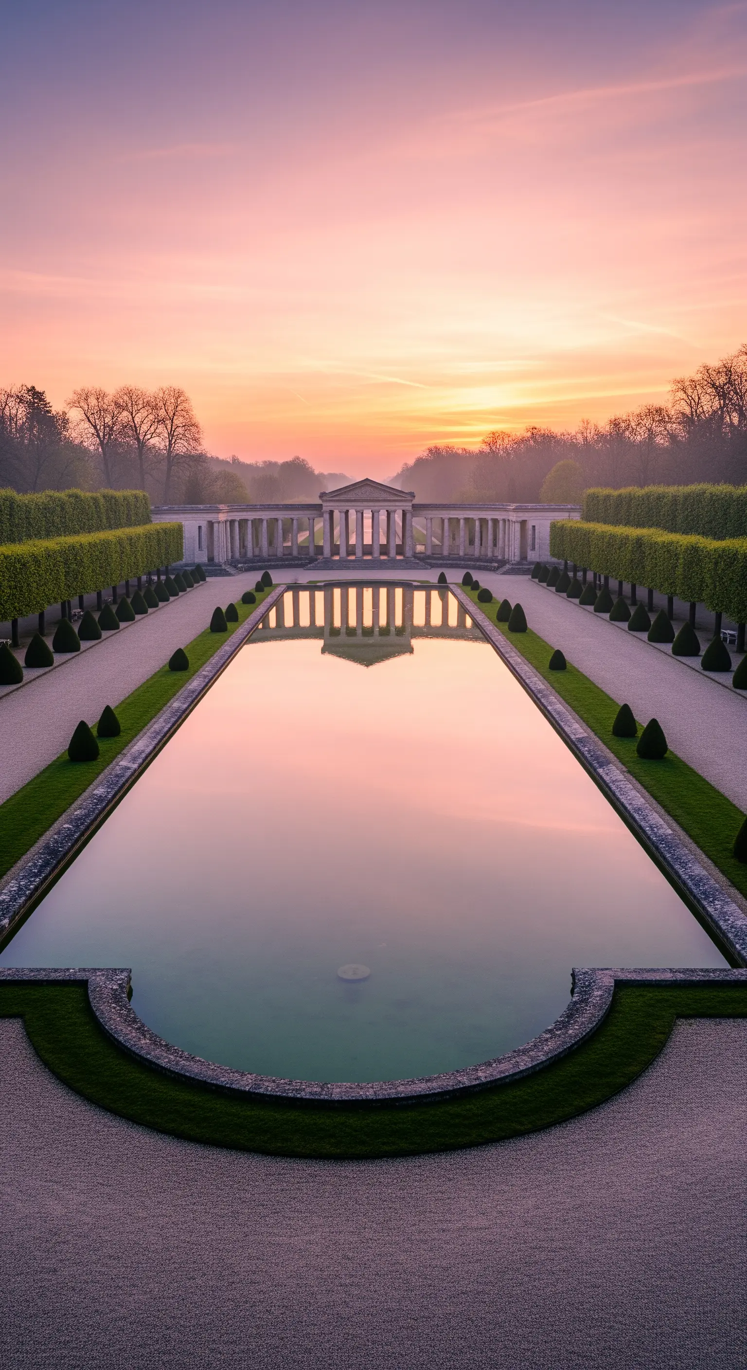 Lungo bacino d'acqua riflette un cielo rosato al tramonto, incorniciato da siepi basse e ordinate