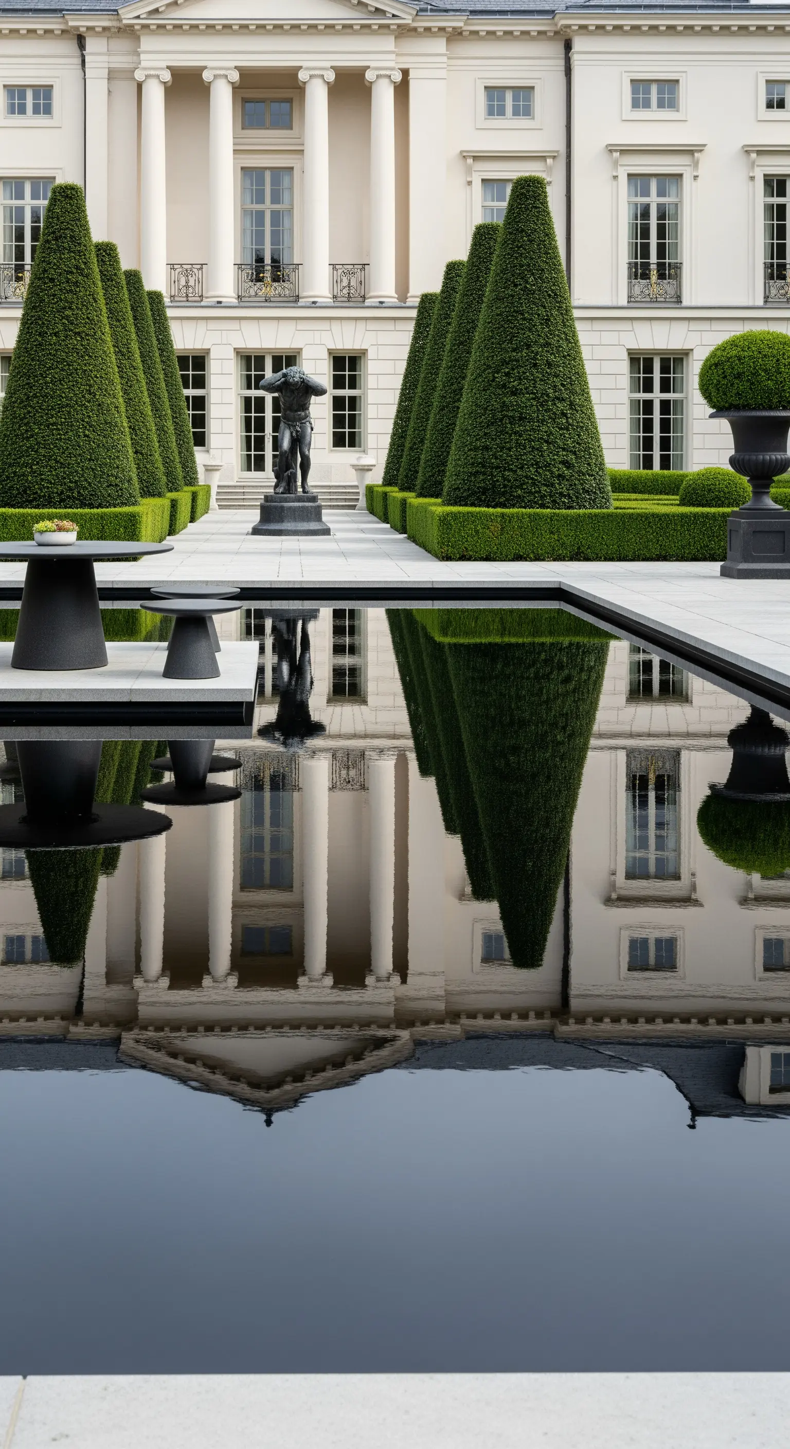 Vasca d'acqua scura che riflette un edificio classico e alberi potati a cono.