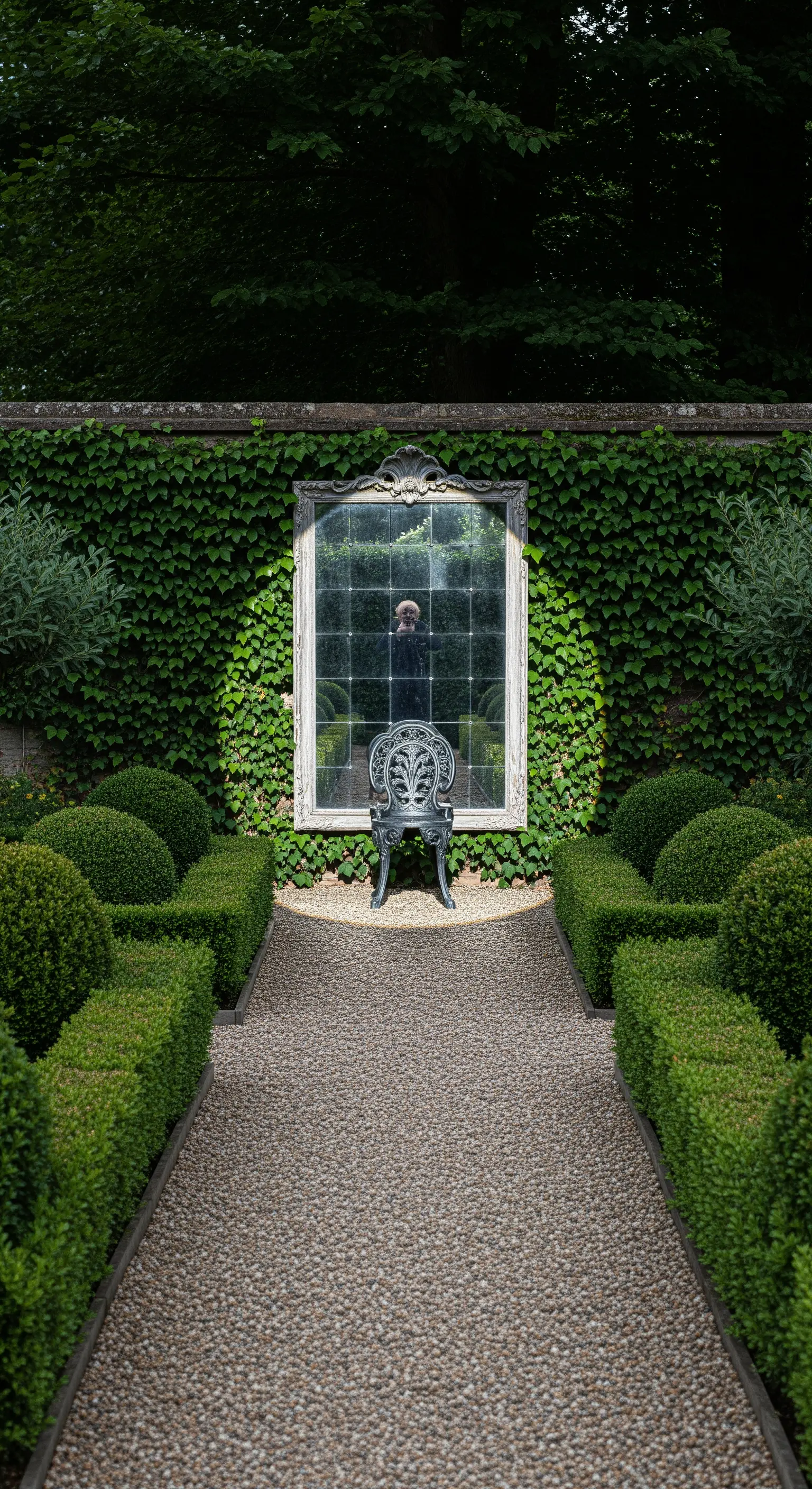 Specchio antico appeso a un muro di edera alla fine di un sentiero, con una sedia in ferro battuto davanti.