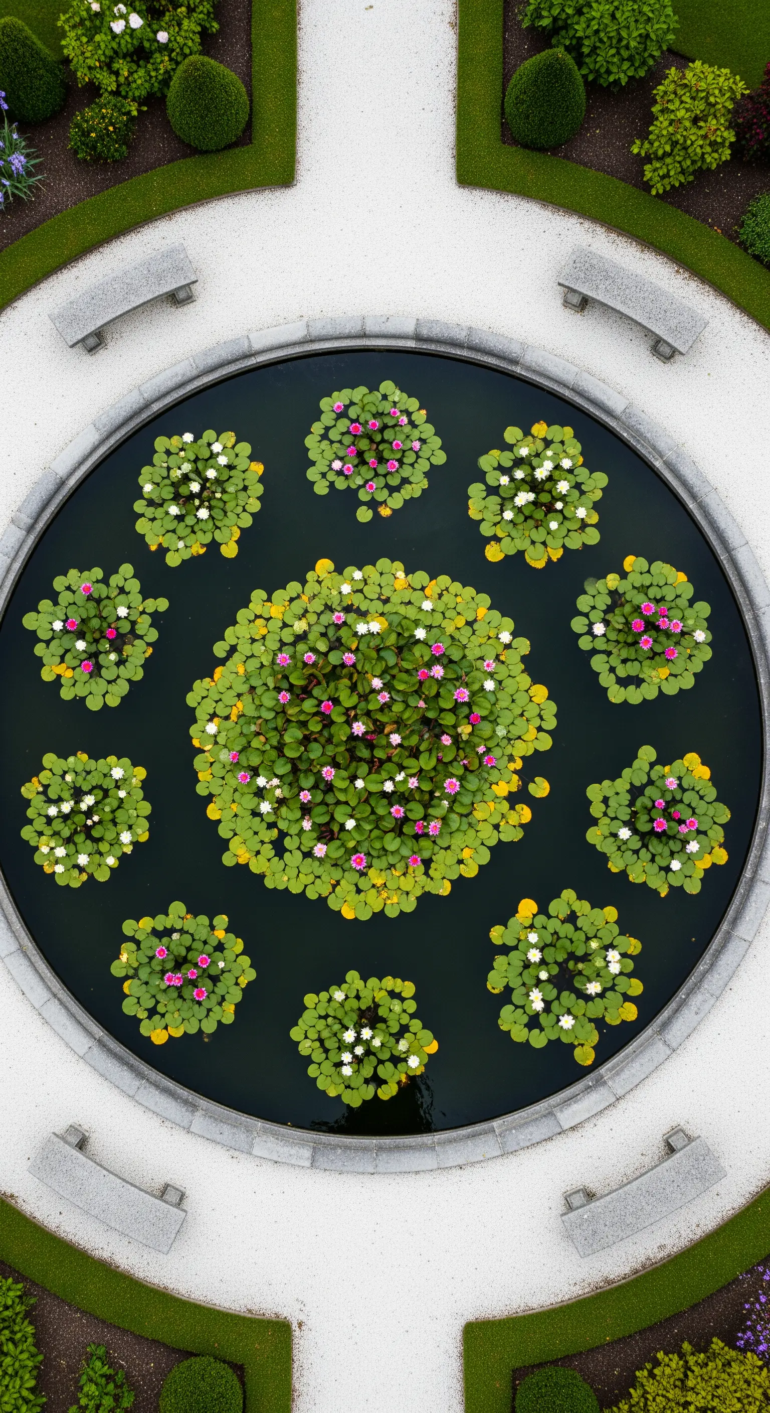 Stagno circolare con ninfee rosa e bianche, circondato da un sentiero di ghiaia e panche.