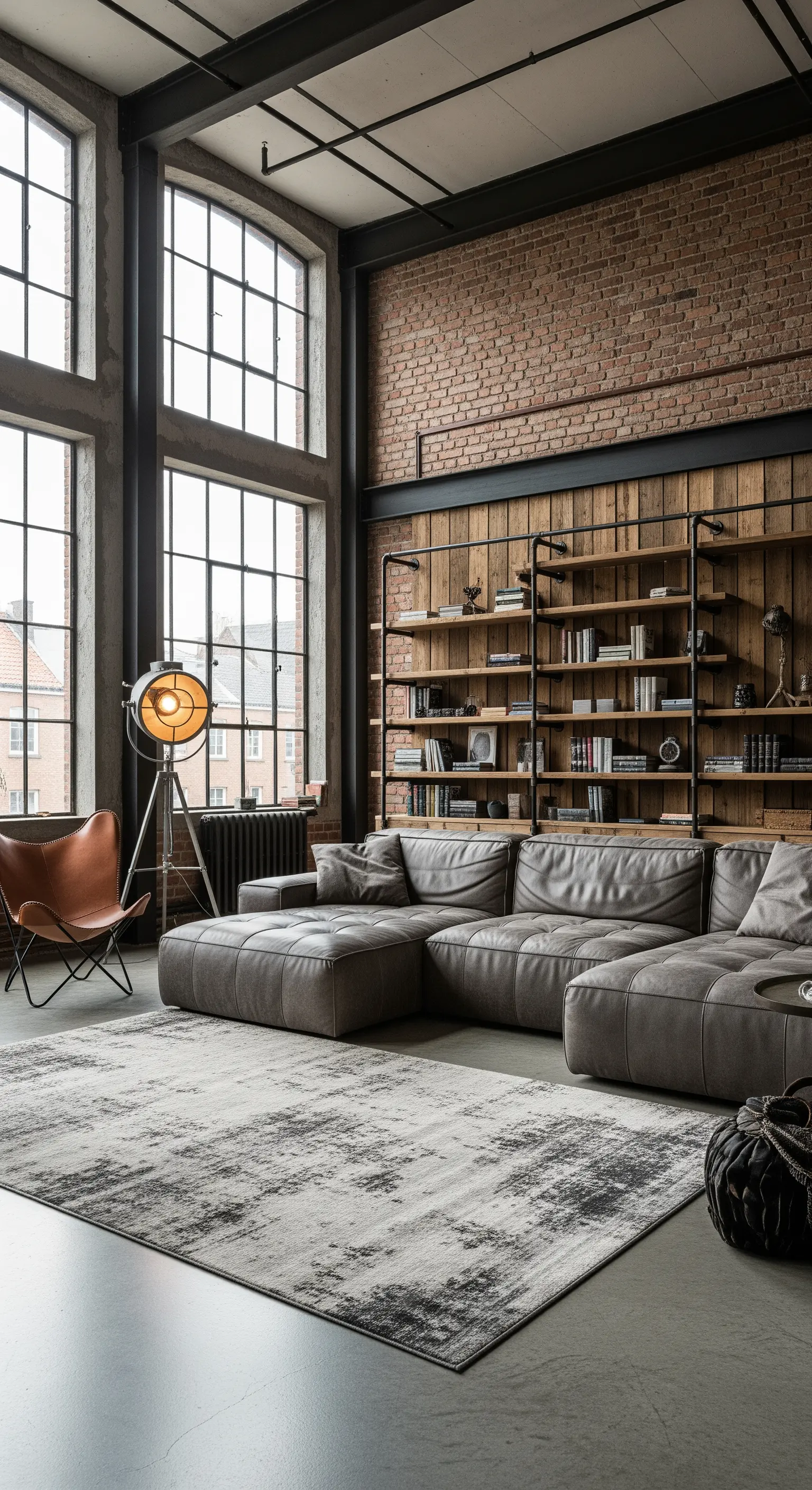Loft in stile industriale con parete di mattoni, ampie finestre e divano in pelle grigia.
