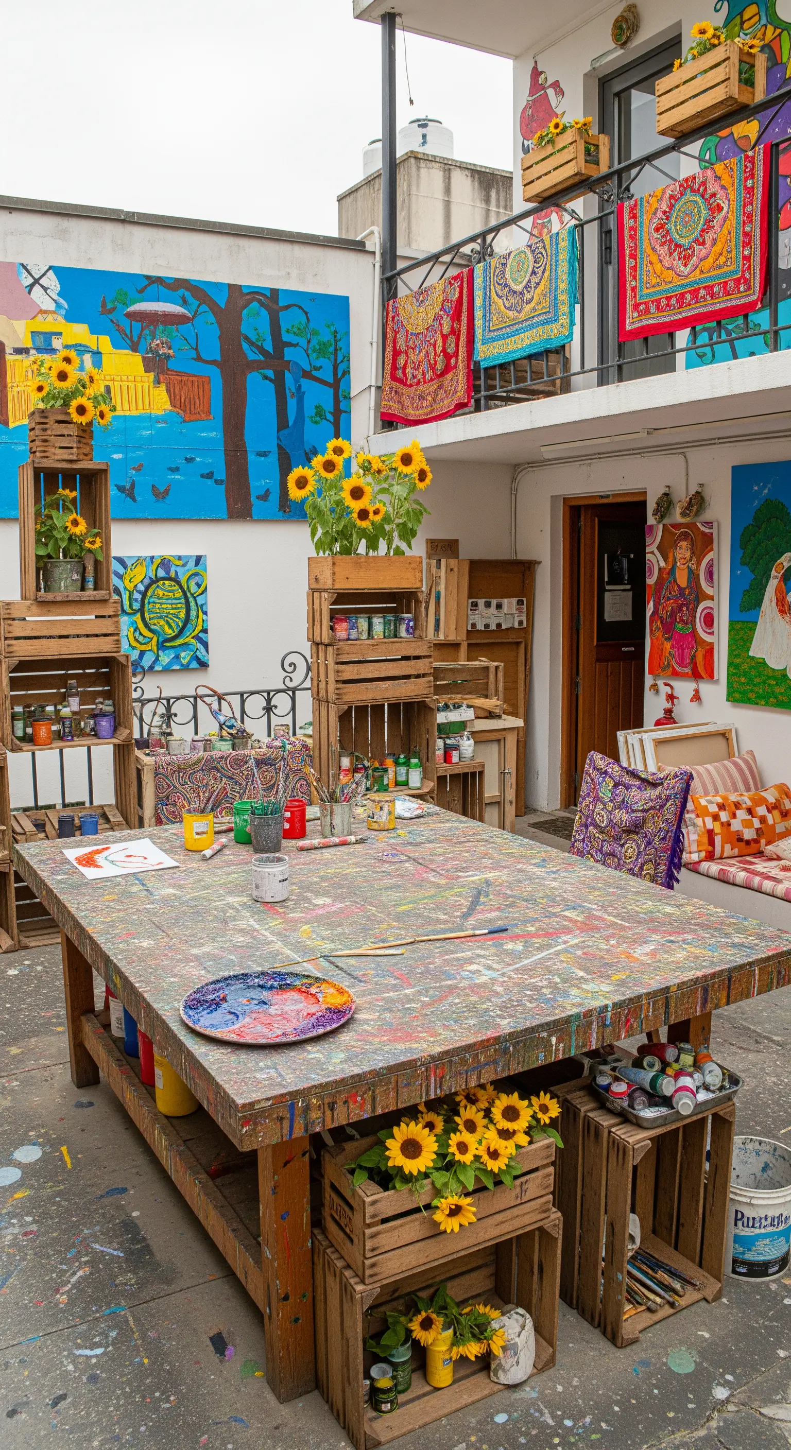 Patio trasformato in studio d'artista con un grande tavolo da lavoro e cassette per materiali