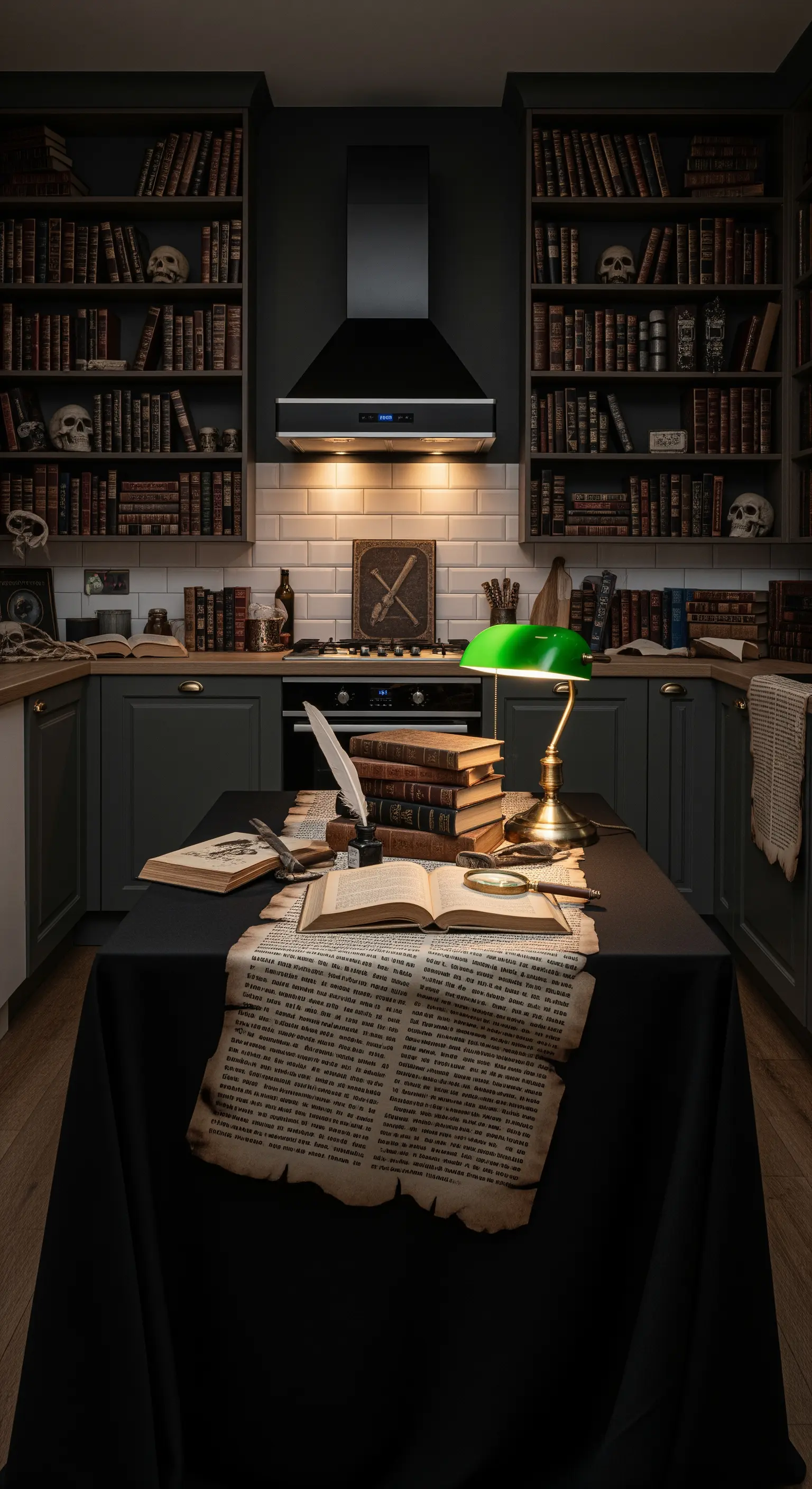 Angolo cucina trasformato in uno studio gotico con librerie, teschi e una lampada da tavolo.
