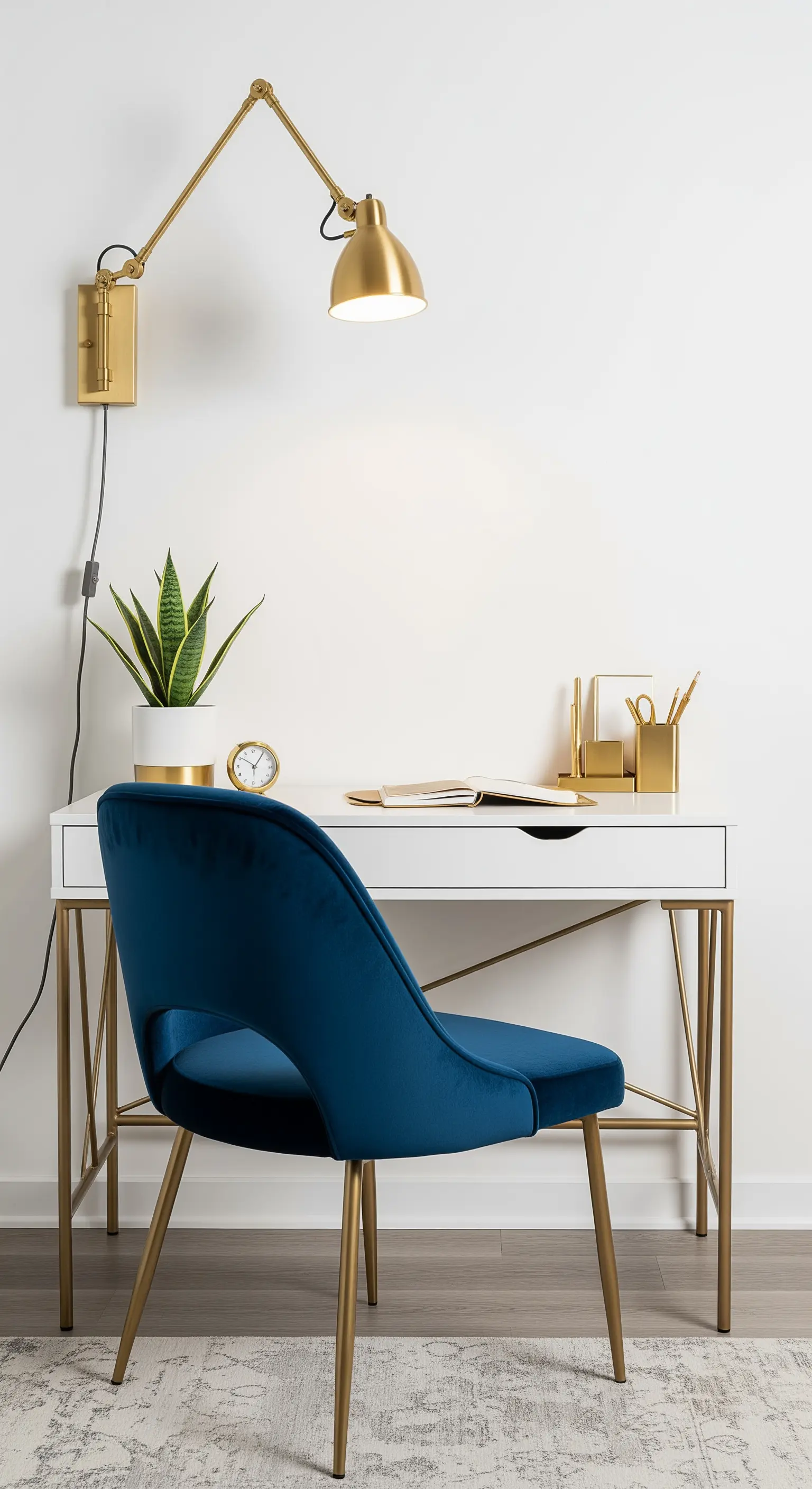 Scrivania bianca con sedia in velluto blu e lampada da parete orientabile dorata.