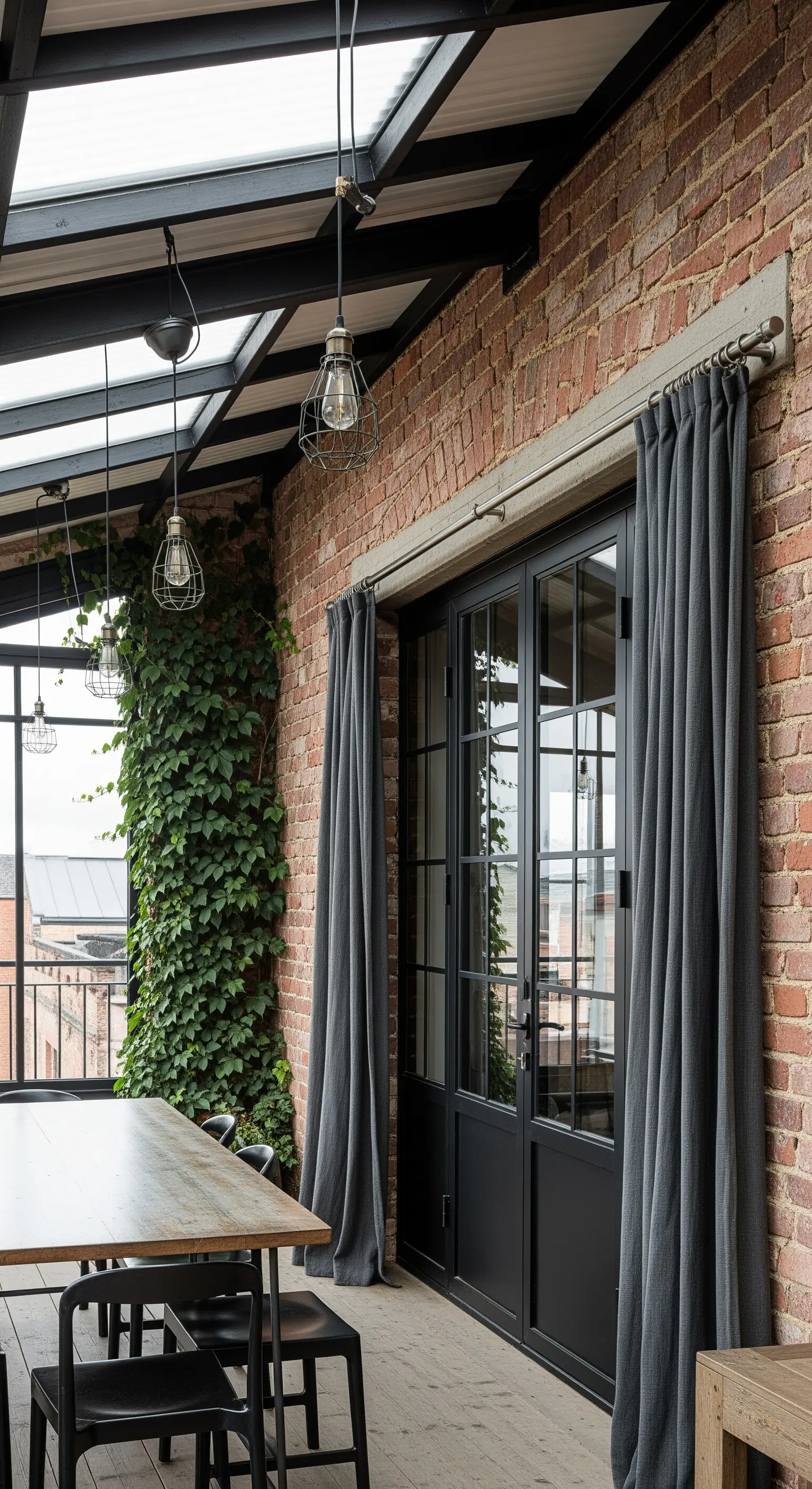 Veranda in stile industriale con parete di mattoni, lampade a gabbia e tende grigie.