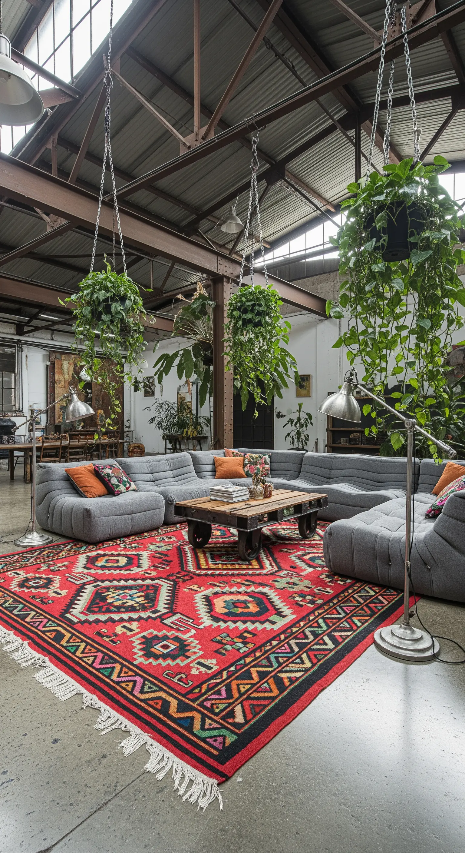 Salotto in un loft industriale con piante appese a catene metalliche e un grande tappeto rosso.
