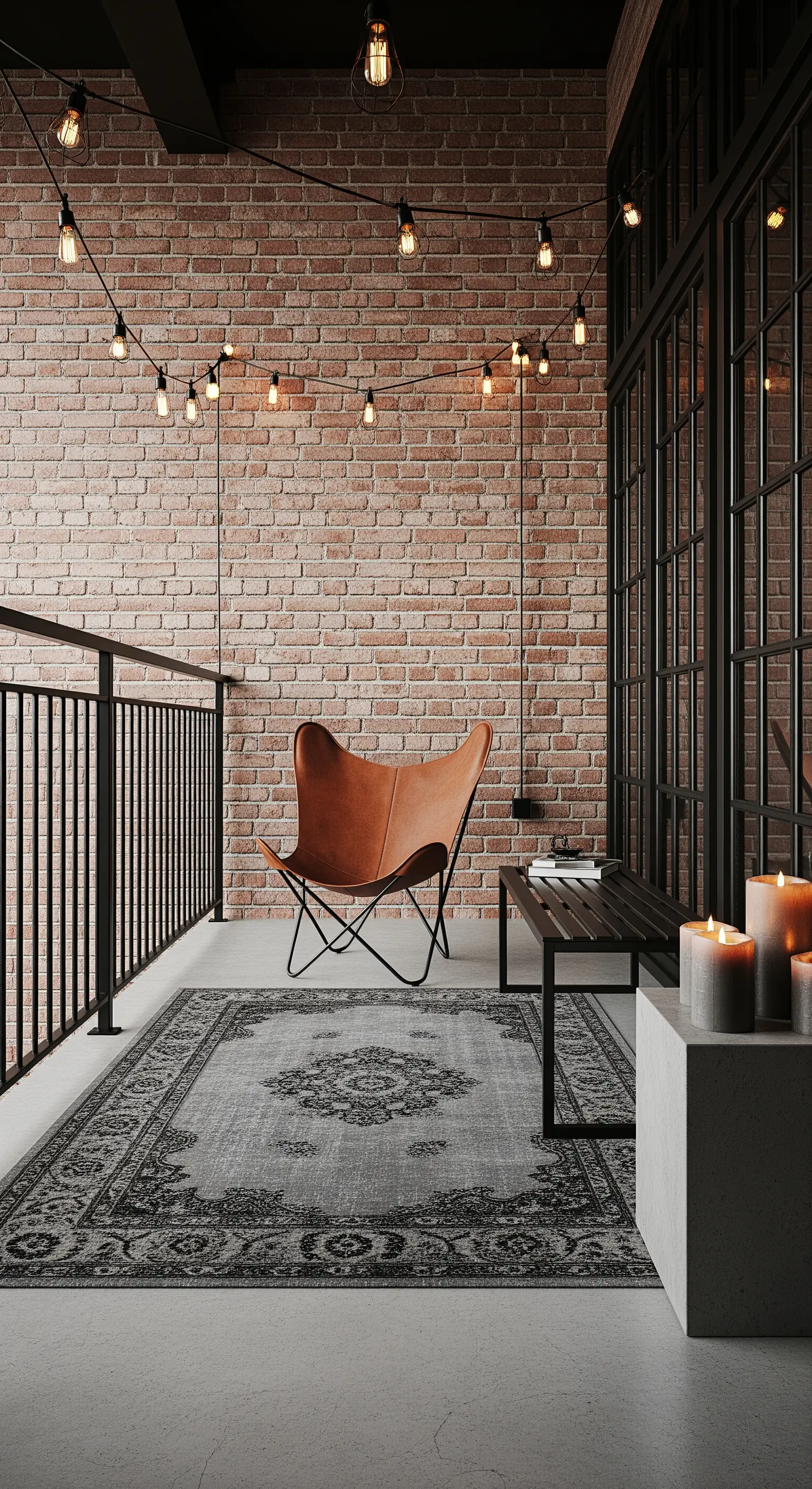 Balcone industriale con muro di mattoni, poltrona in pelle e luci a filamento.