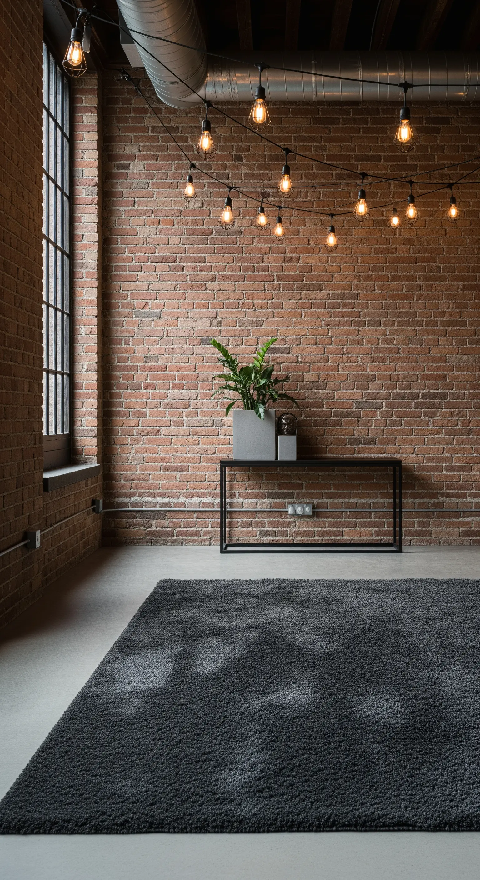 Spazio industriale con parete in mattoni, pavimento in cemento e luci a bulbo sospese.