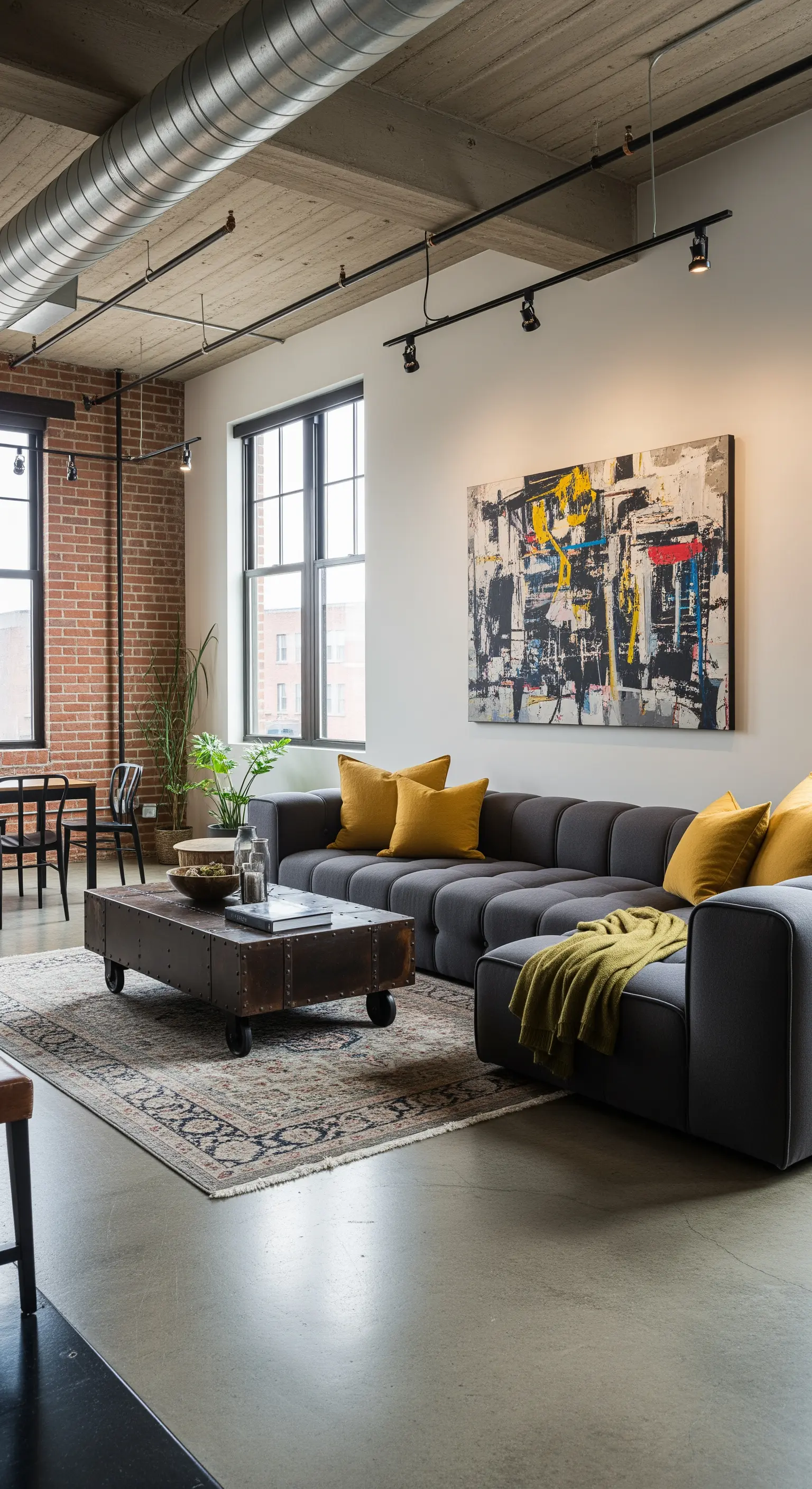 Soggiorno in stile industriale con divano grigio, cuscini senape e soffitto con tubi a vista.