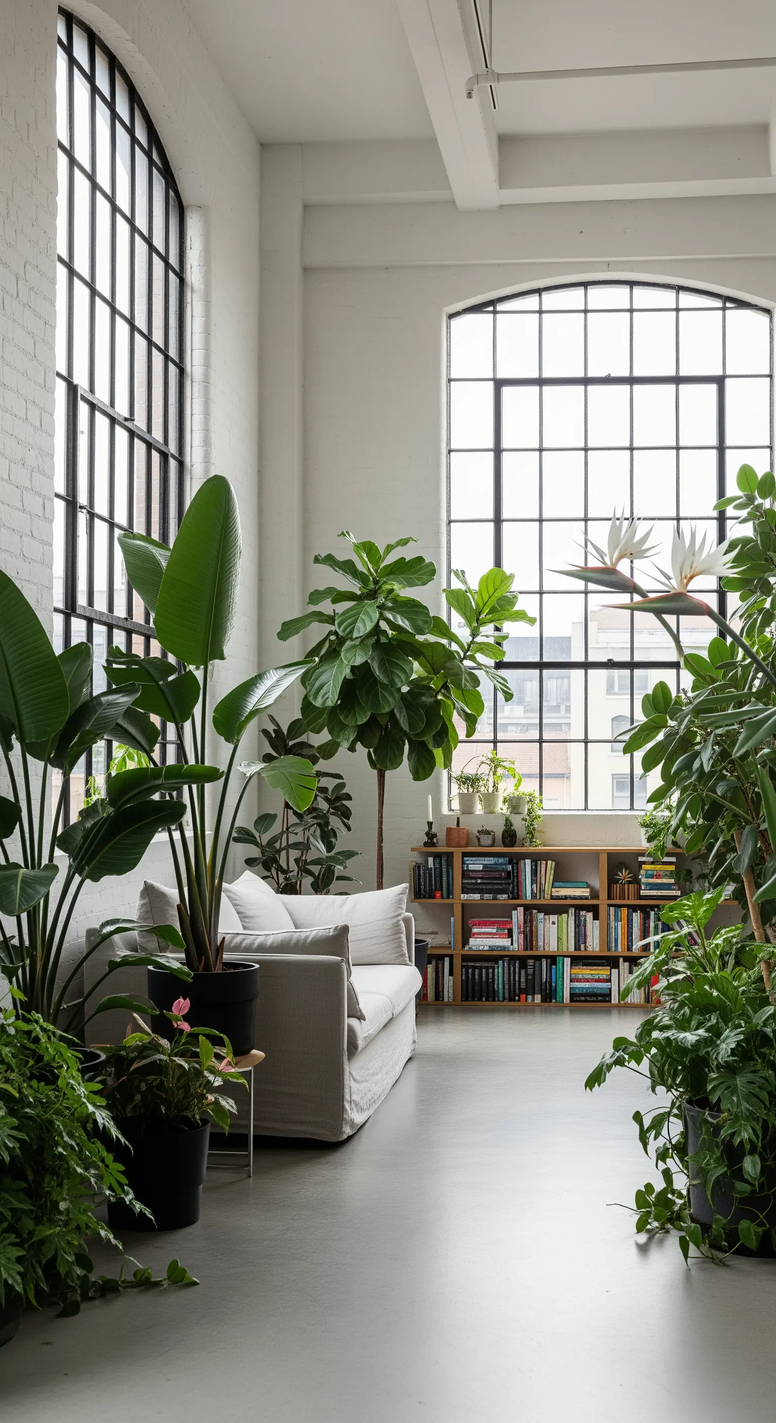 Ampio loft con grandi finestre e piante giganti usate per separare la zona divano.