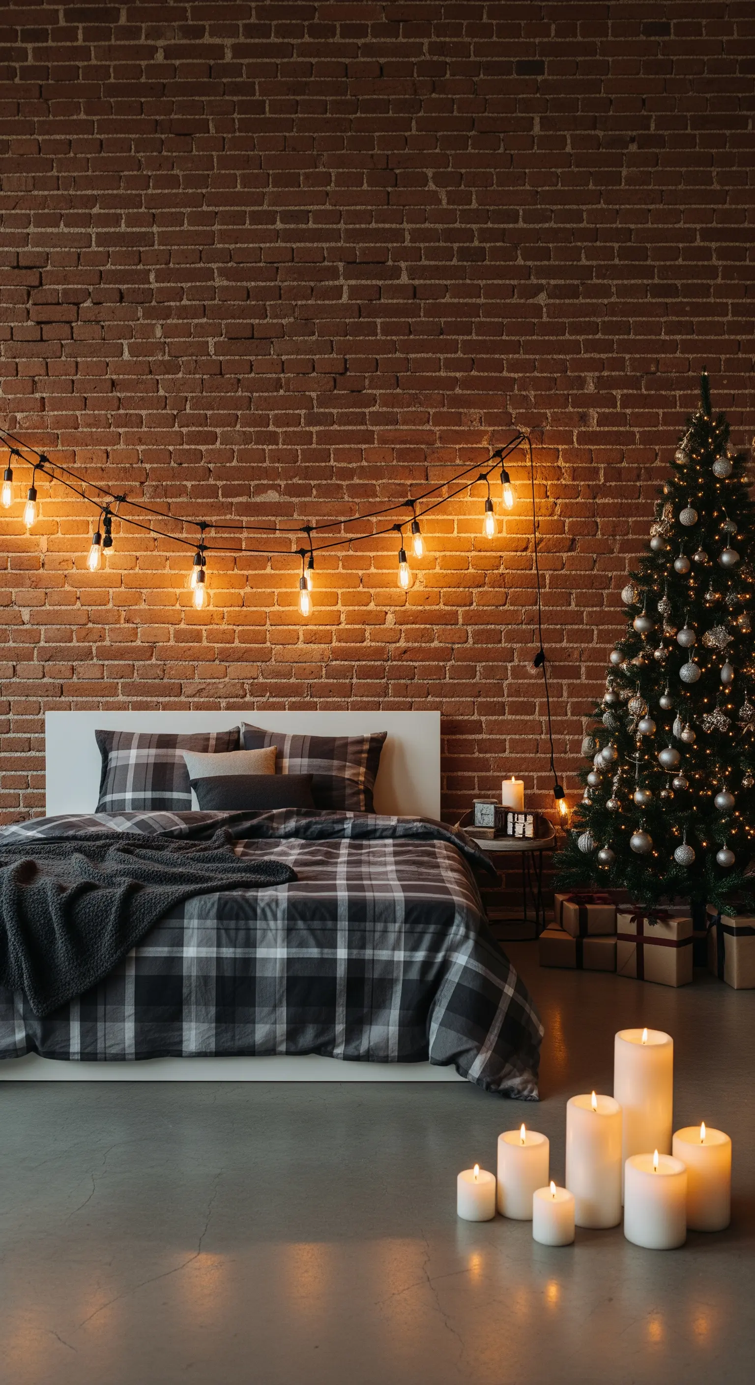Camera da letto in stile industriale con parete di mattoni, luci a filo e plaid grigio a quadri.